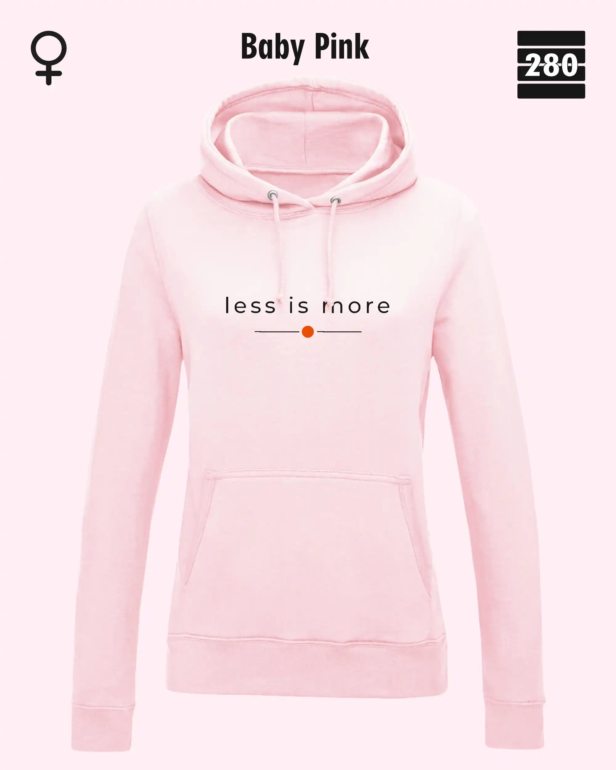 das bild zeigt den leicht taillierten damen hoodie jh001 fvon just hoods in der farbe baby pink und mit dem zeitlosen design "less is more".