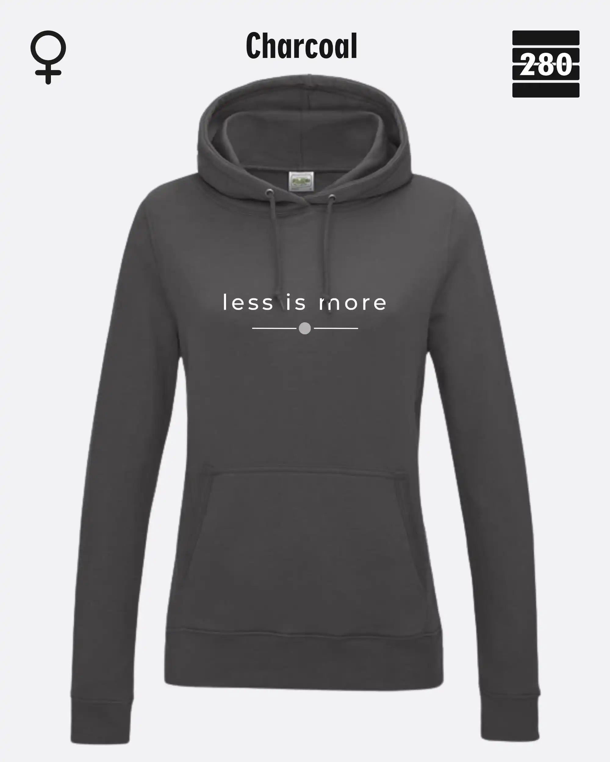 das bild zeigt den leicht taillierten damen hoodie jh001 fvon just hoods in der farbe charcoal und mit dem zeitlosen design "less is more".