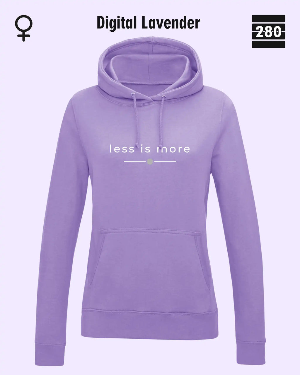 das bild zeigt den leicht taillierten damen hoodie jh001 fvon just hoods in der farbe digital lavender und mit dem zeitlosen design "less is more".