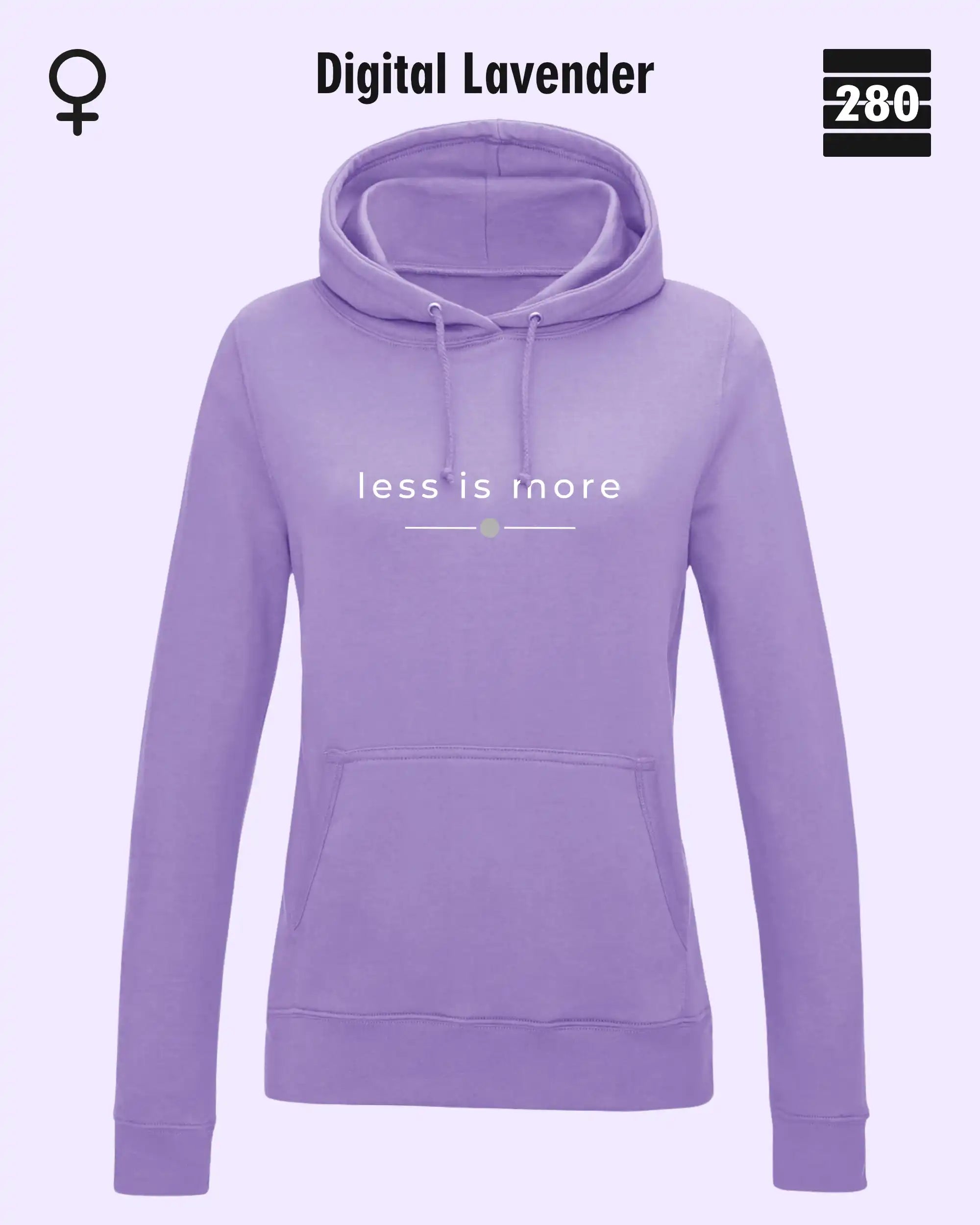 das bild zeigt den leicht taillierten damen hoodie jh001 fvon just hoods in der farbe digital lavender und mit dem zeitlosen design "less is more".