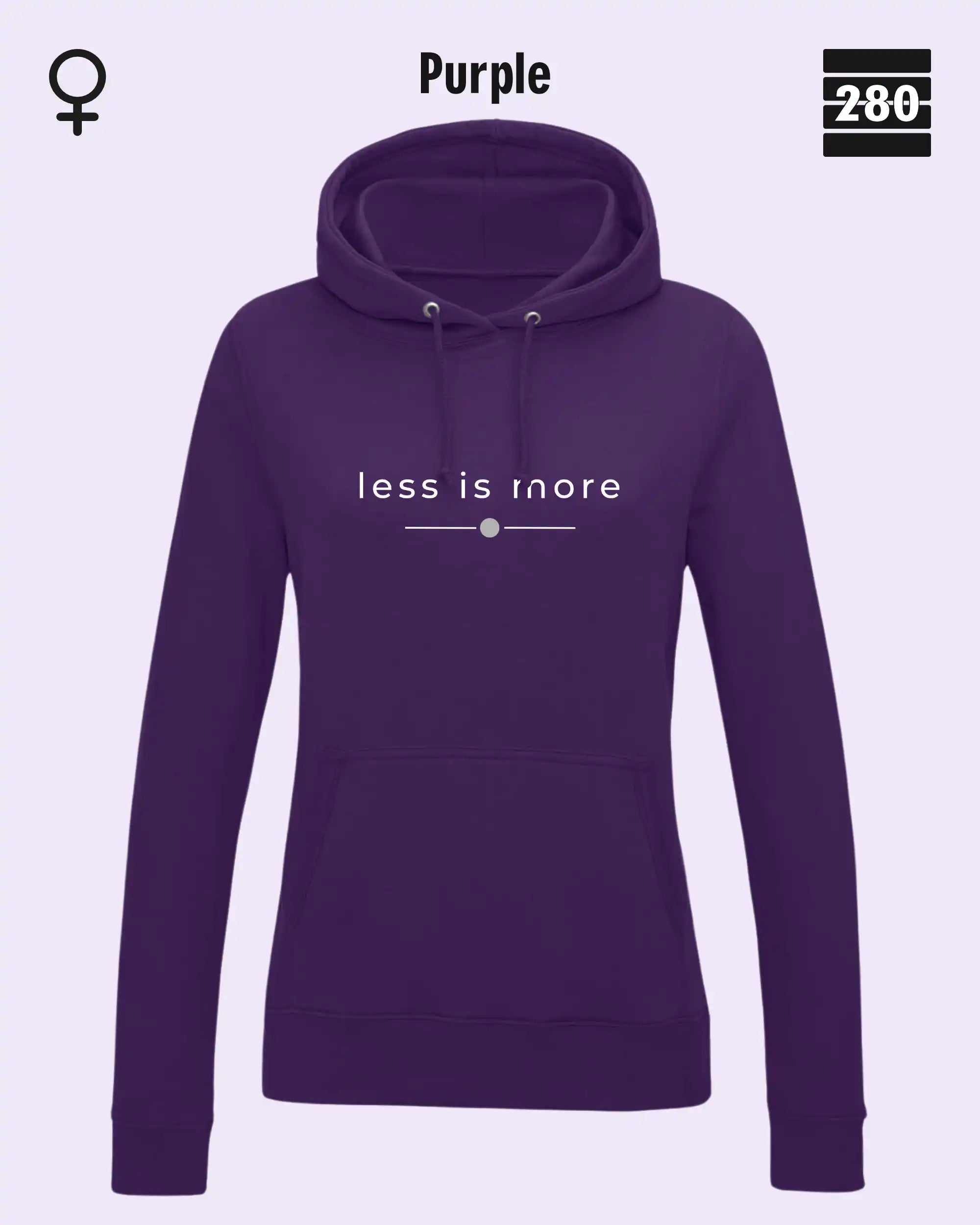 das bild zeigt den leicht taillierten damen hoodie jh001 fvon just hoods in der farbe purple und mit dem zeitlosen design "less is more".