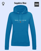 das bild zeigt den leicht taillierten damen hoodie jh001 fvon just hoods in der farbe sapphire blue und mit dem zeitlosen design "less is more".