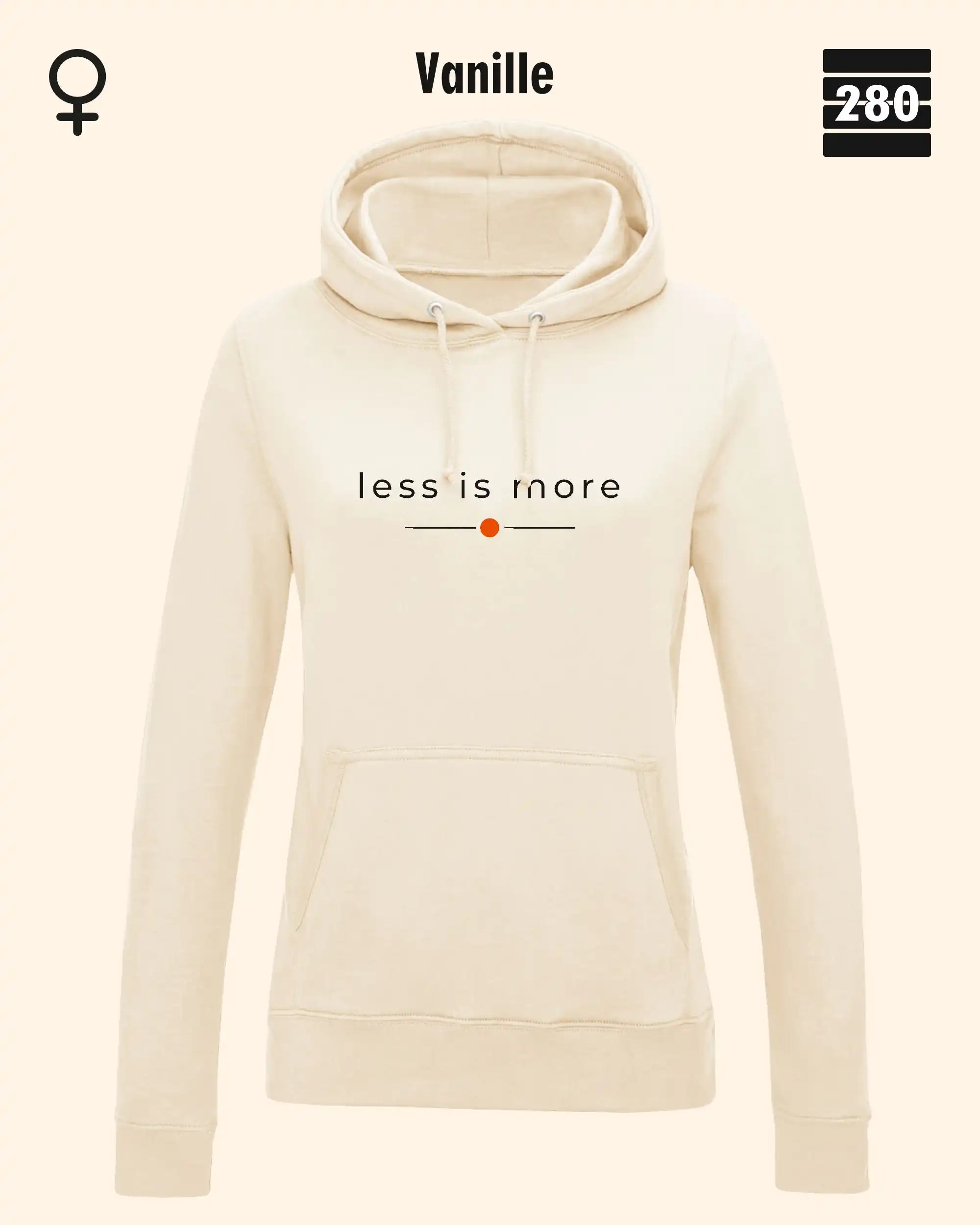 das bild zeigt den leicht taillierten damen hoodie jh001 fvon just hoods in der farbe vanille und mit dem zeitlosen design "less is more".
