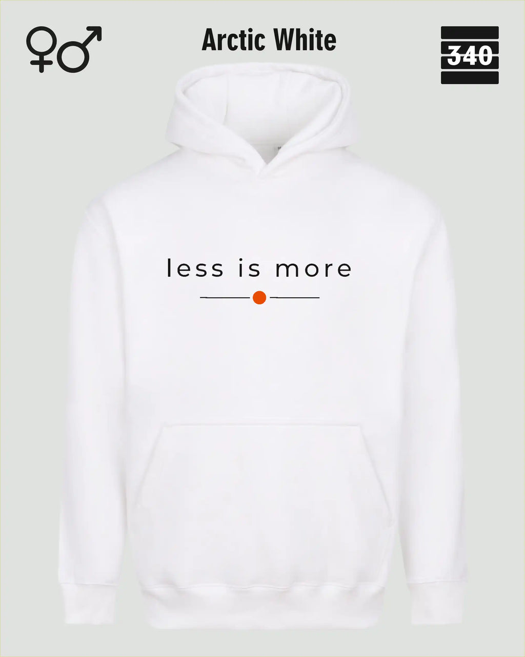 das bild zeigt den Oversized Design-Hoodie JH111 unisex in der farbe arctic white  mit dem zeitlosen motiv "less is more".