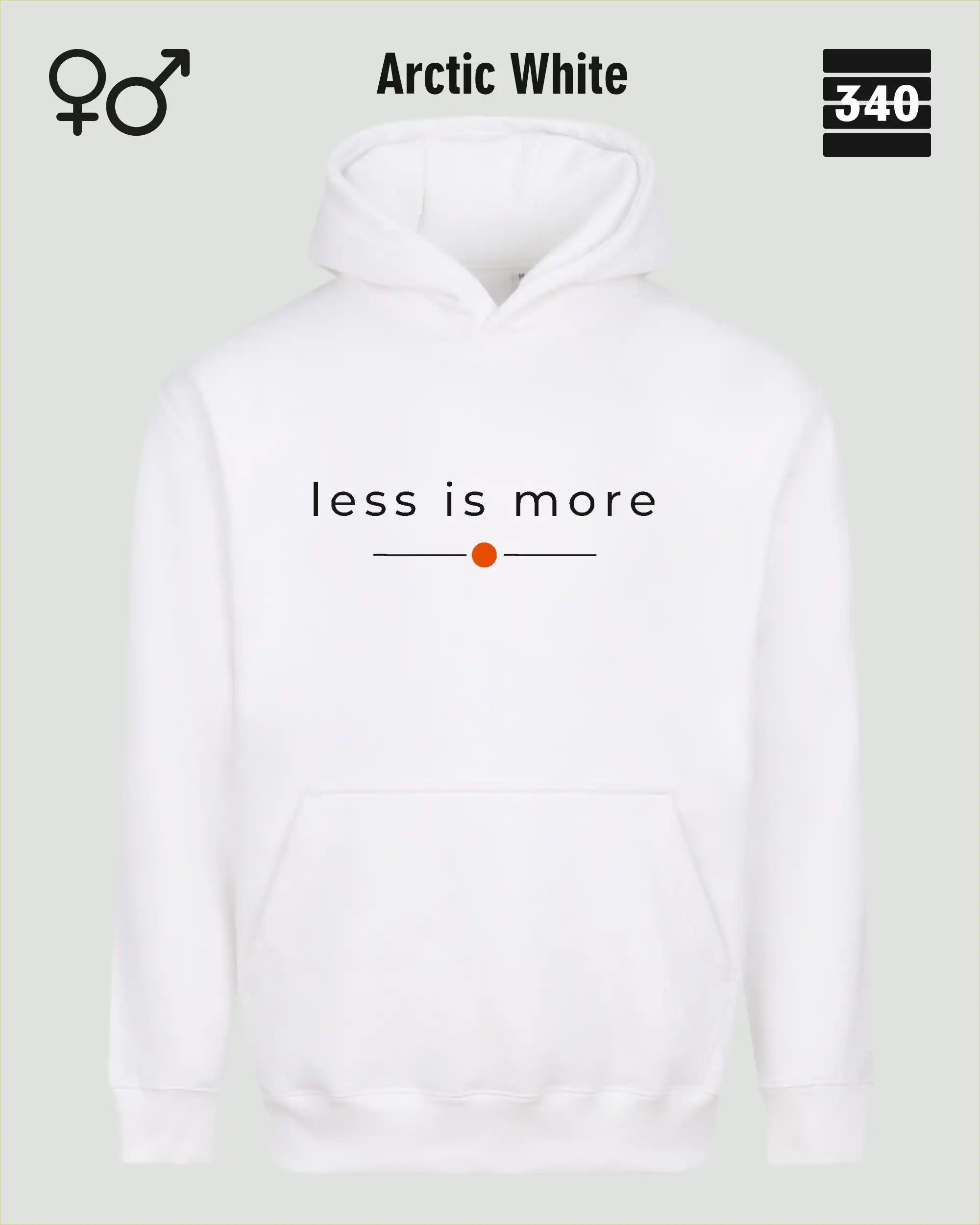 das bild zeigt den Oversized Design-Hoodie JH111 unisex in der farbe arctic white  mit dem zeitlosen motiv "less is more".