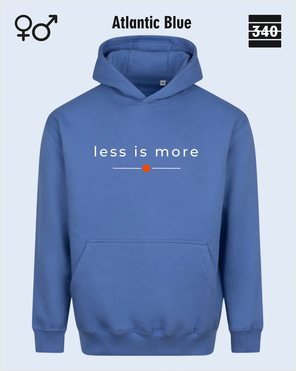 das bild zeigt den Oversized Design-Hoodie JH111 unisex in der farbe atlantic blue  mit dem zeitlosen motiv "less is more".