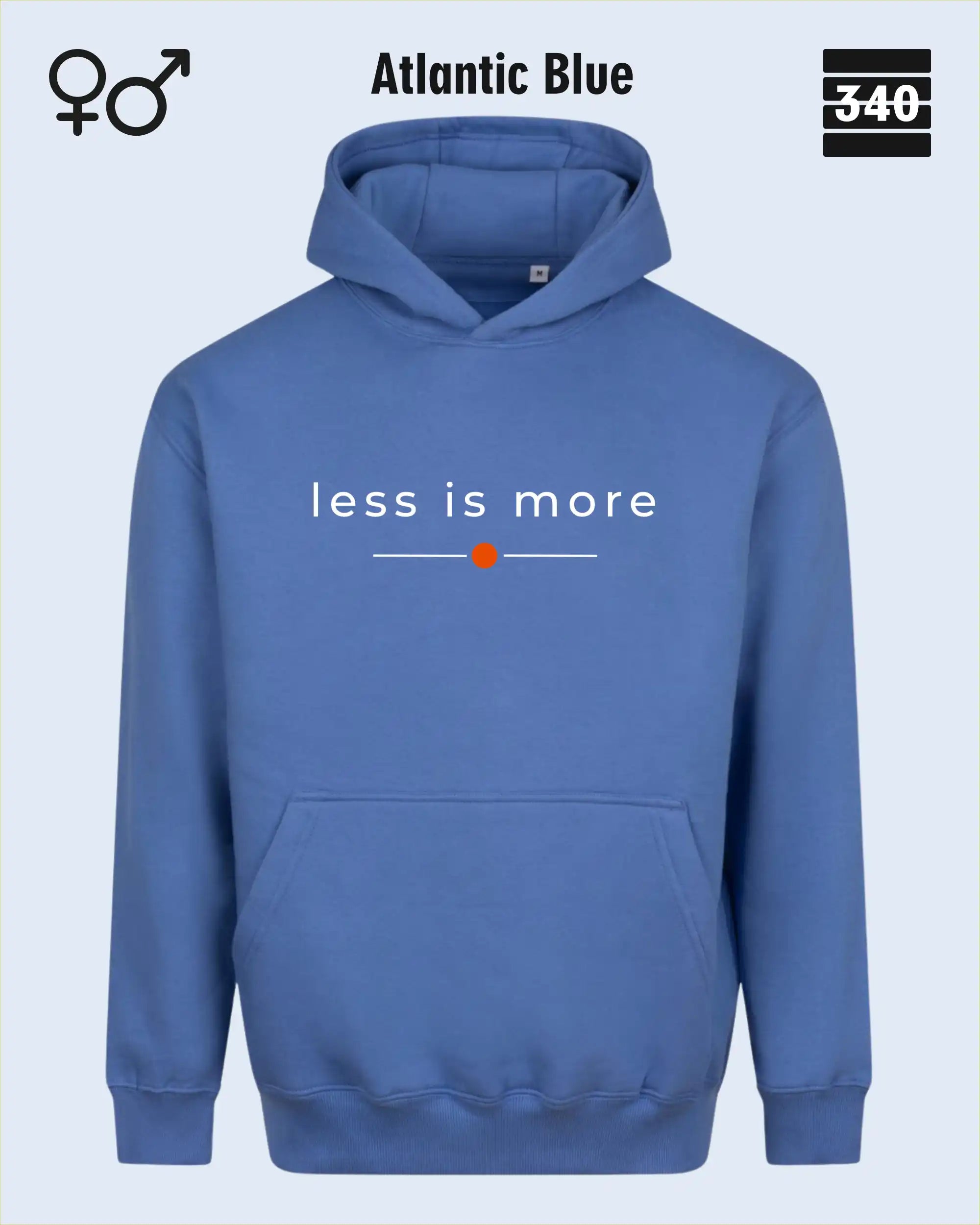 das bild zeigt den Oversized Design-Hoodie JH111 unisex in der farbe atlantic blue  mit dem zeitlosen motiv "less is more".