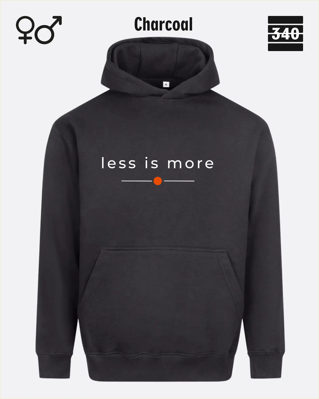 das bild zeigt den Oversized Design-Hoodie JH111 unisex in der farbe charcoal  mit dem zeitlosen motiv "less is more".