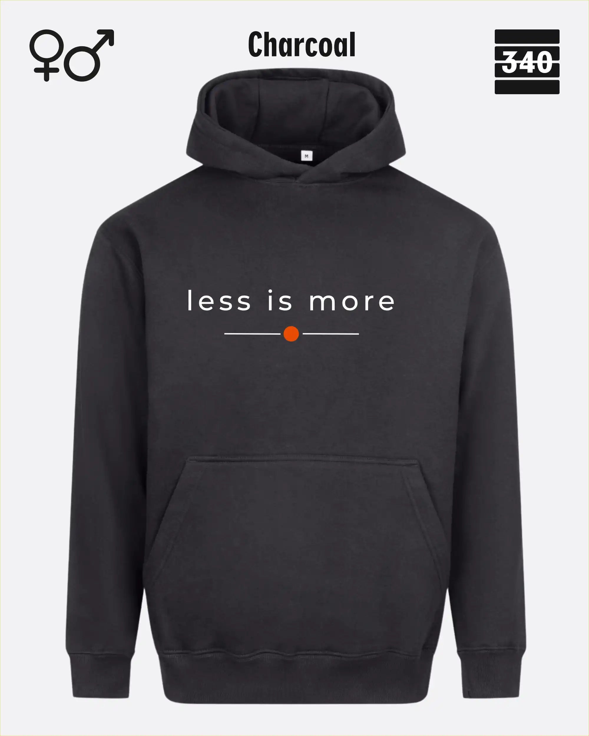 das bild zeigt den Oversized Design-Hoodie JH111 unisex in der farbe charcoal  mit dem zeitlosen motiv "less is more".
