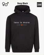 das bild zeigt den Oversized Design-Hoodie JH111 unisex in der farbe deep black  mit dem zeitlosen motiv "less is more".