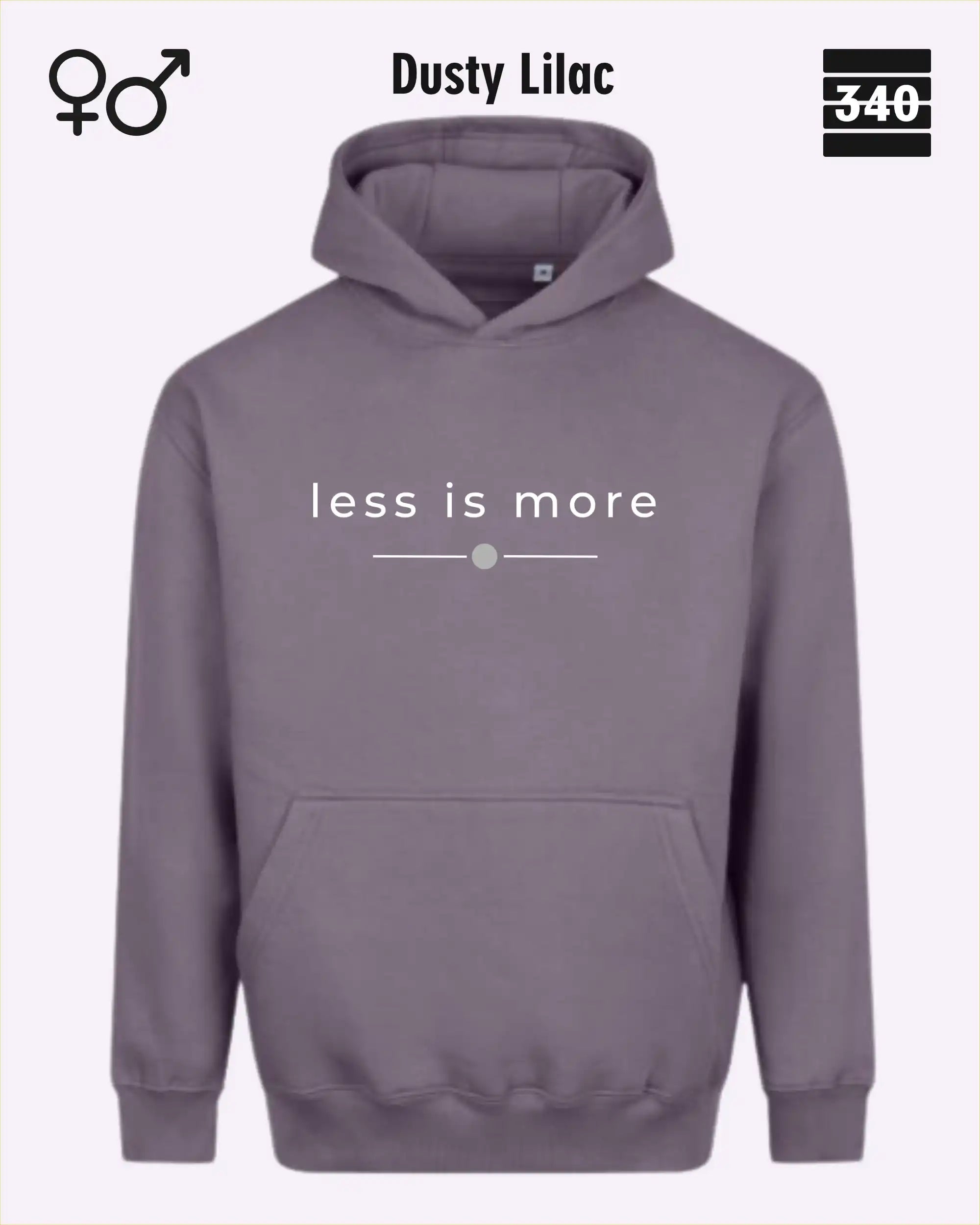 das bild zeigt den Oversized Design-Hoodie JH111 unisex in der farbe dusty lilac  mit dem zeitlosen motiv "less is more".