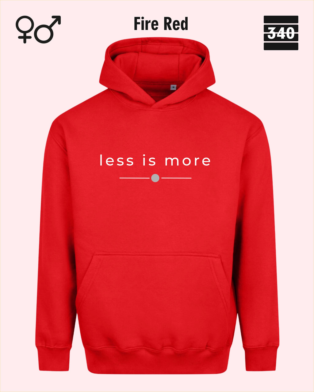 das bild zeigt den Oversized Design-Hoodie JH111 unisex in der farbe fire red  mit dem zeitlosen motiv "less is more".