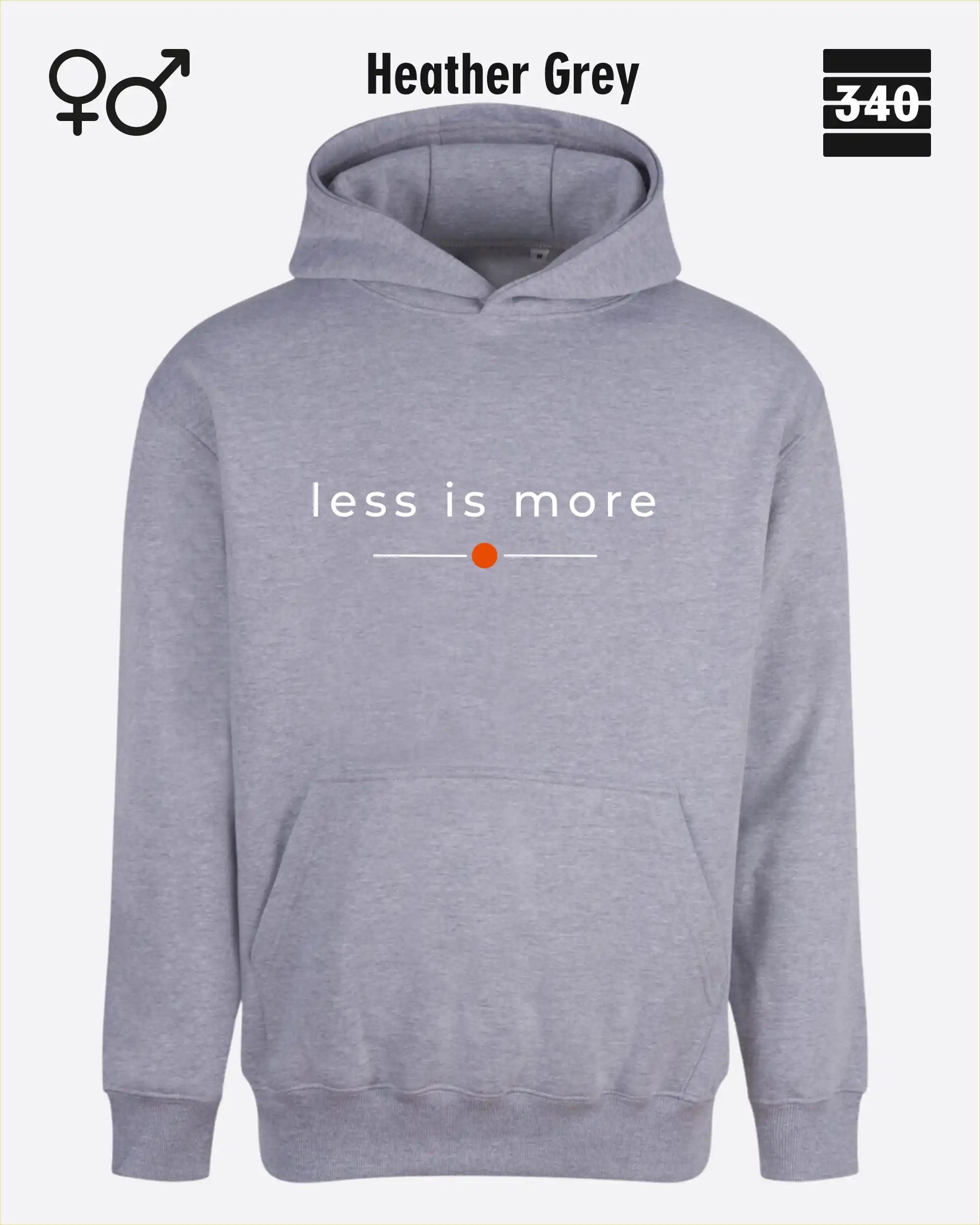 das bild zeigt den Oversized Design-Hoodie JH111 unisex in der farbe heather grey  mit dem zeitlosen motiv "less is more".