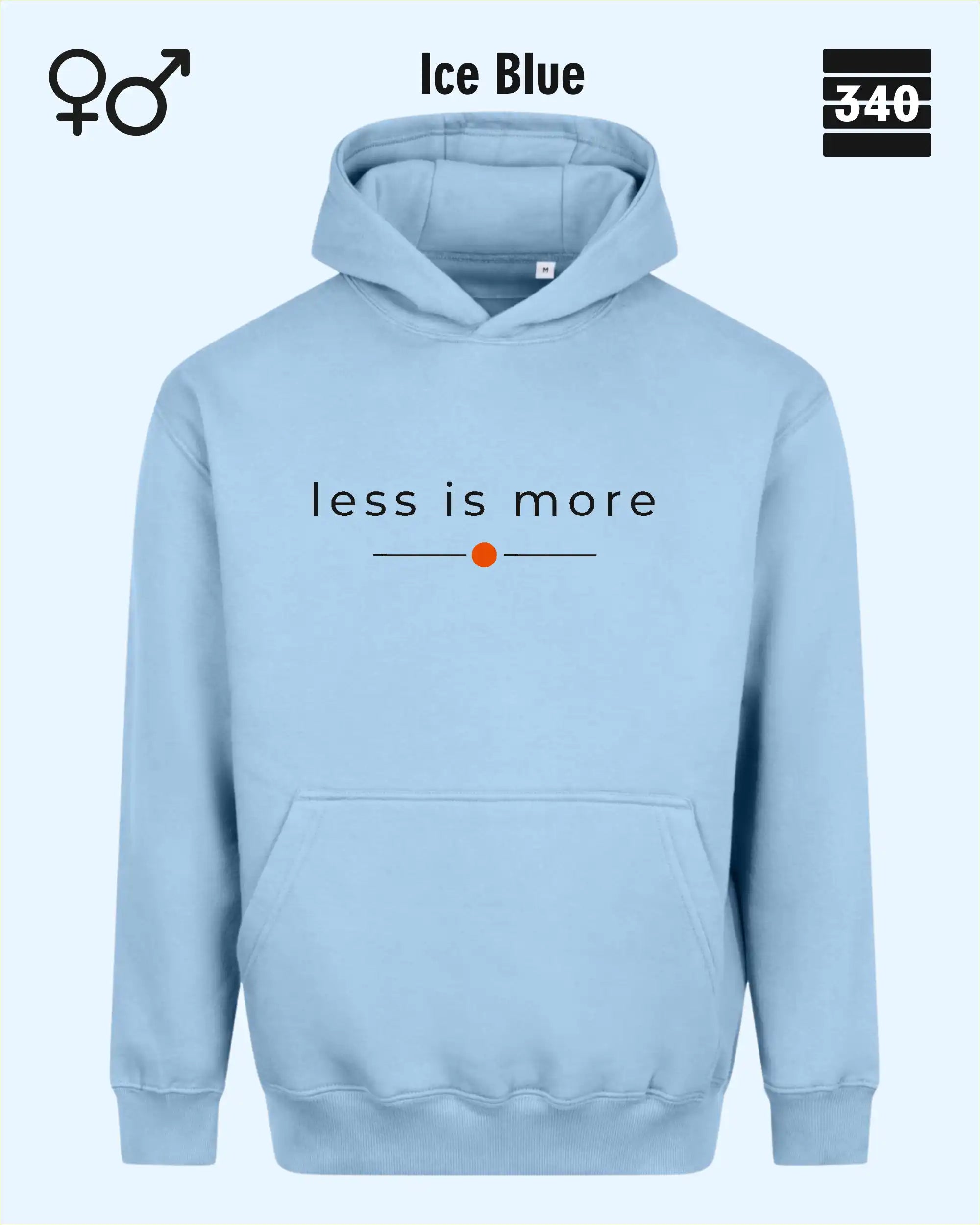 das bild zeigt den Oversized Design-Hoodie JH111 unisex in der farbe ice blue  mit dem zeitlosen motiv "less is more".