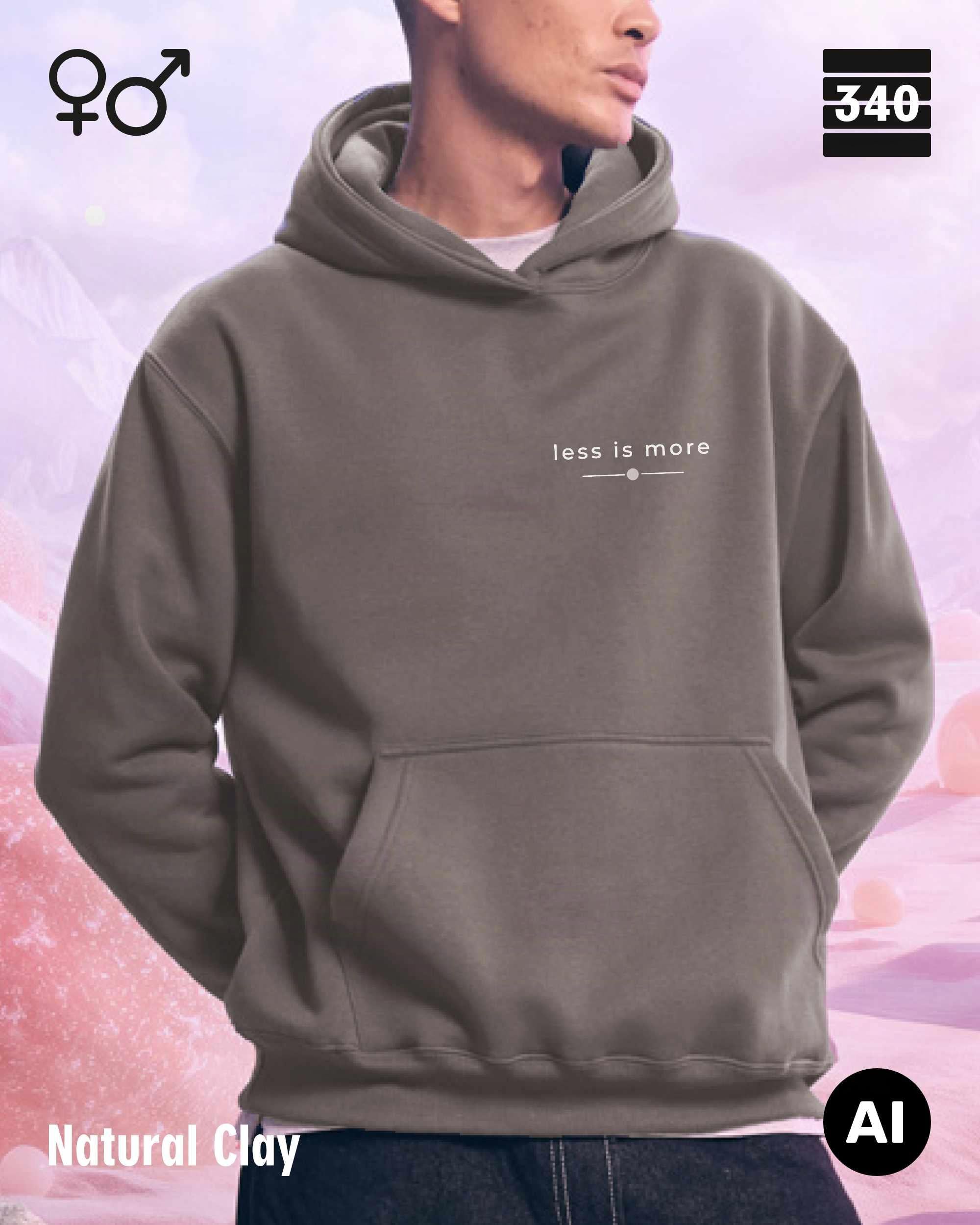Ein mann trägt einen Oversized Design-Hoodie JH111 unisex in der farbe natural clay  mit dem zeitlosen statement "less is more" oben links.