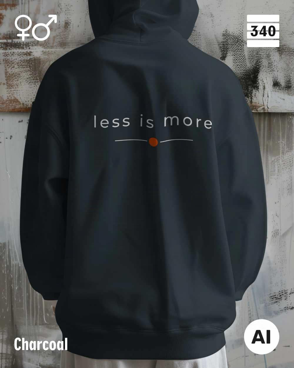 Eine person trägt einen Oversized Design-Hoodie unisex in der farbe charcoal  mit dem zeitlosen statement "less is more" auf dem rücken