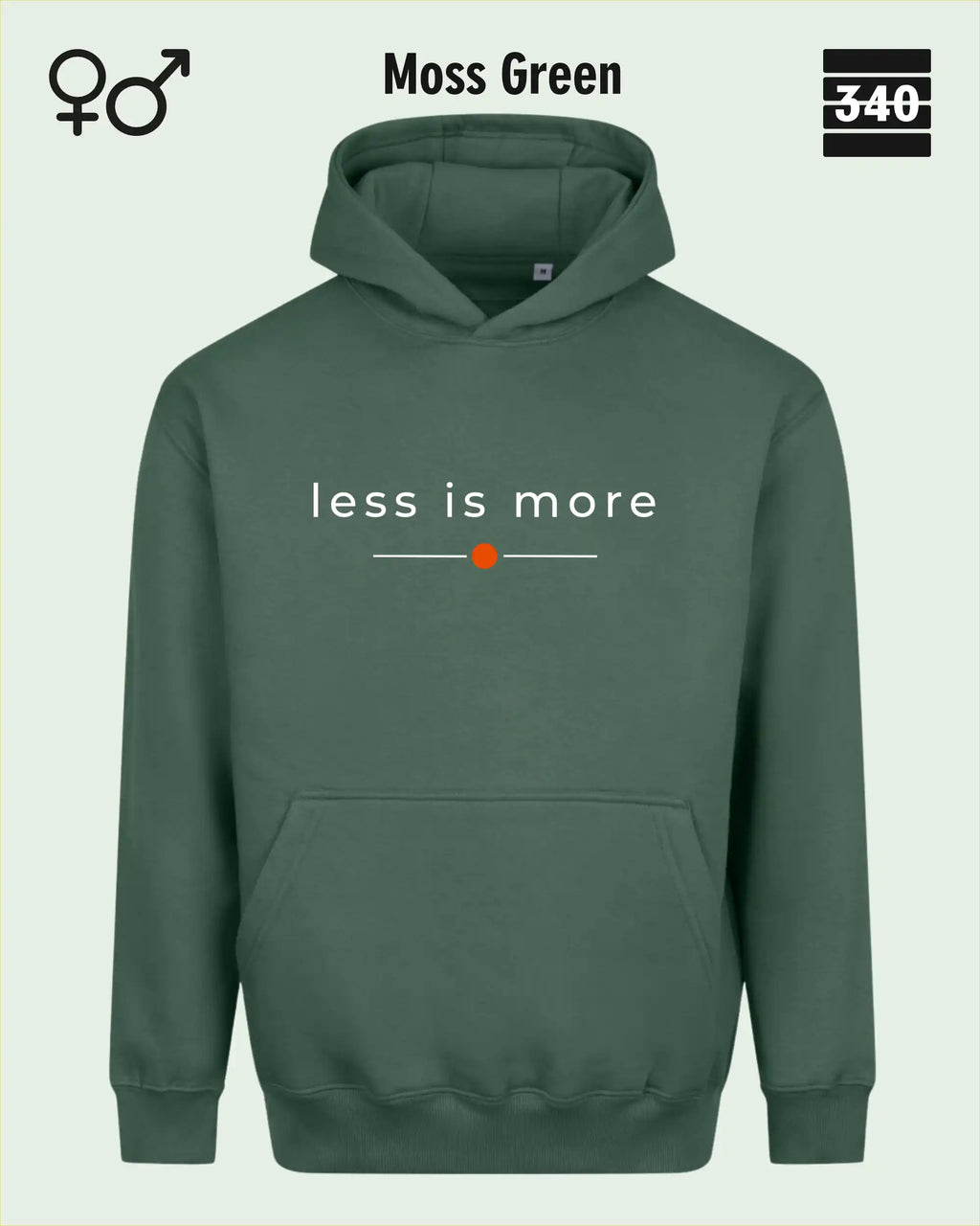 das bild zeigt den Oversized Design-Hoodie JH111 unisex in der farbe moss green  mit dem zeitlosen motiv "less is more".
