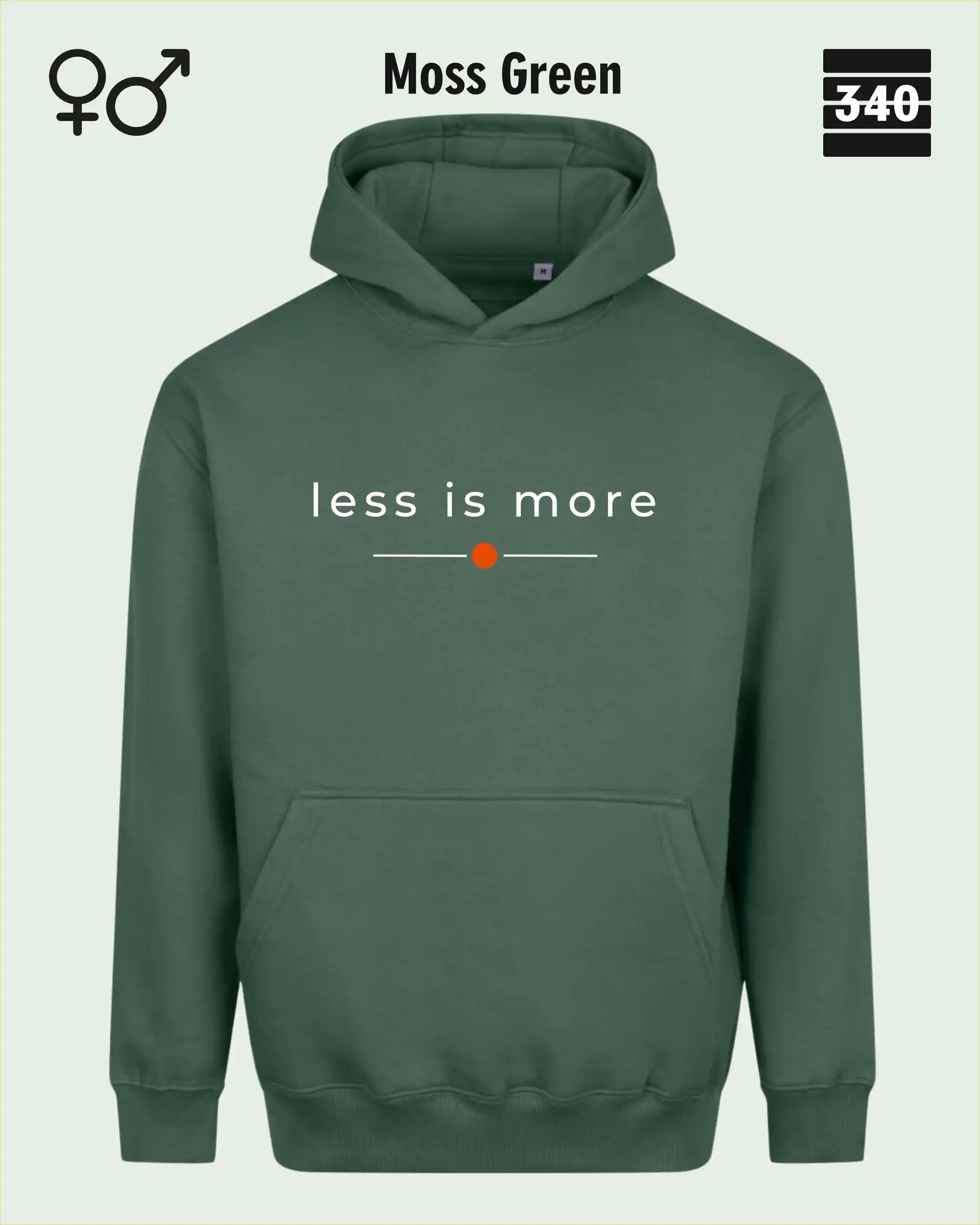 das bild zeigt den Oversized Design-Hoodie JH111 unisex in der farbe moss green  mit dem zeitlosen motiv "less is more".