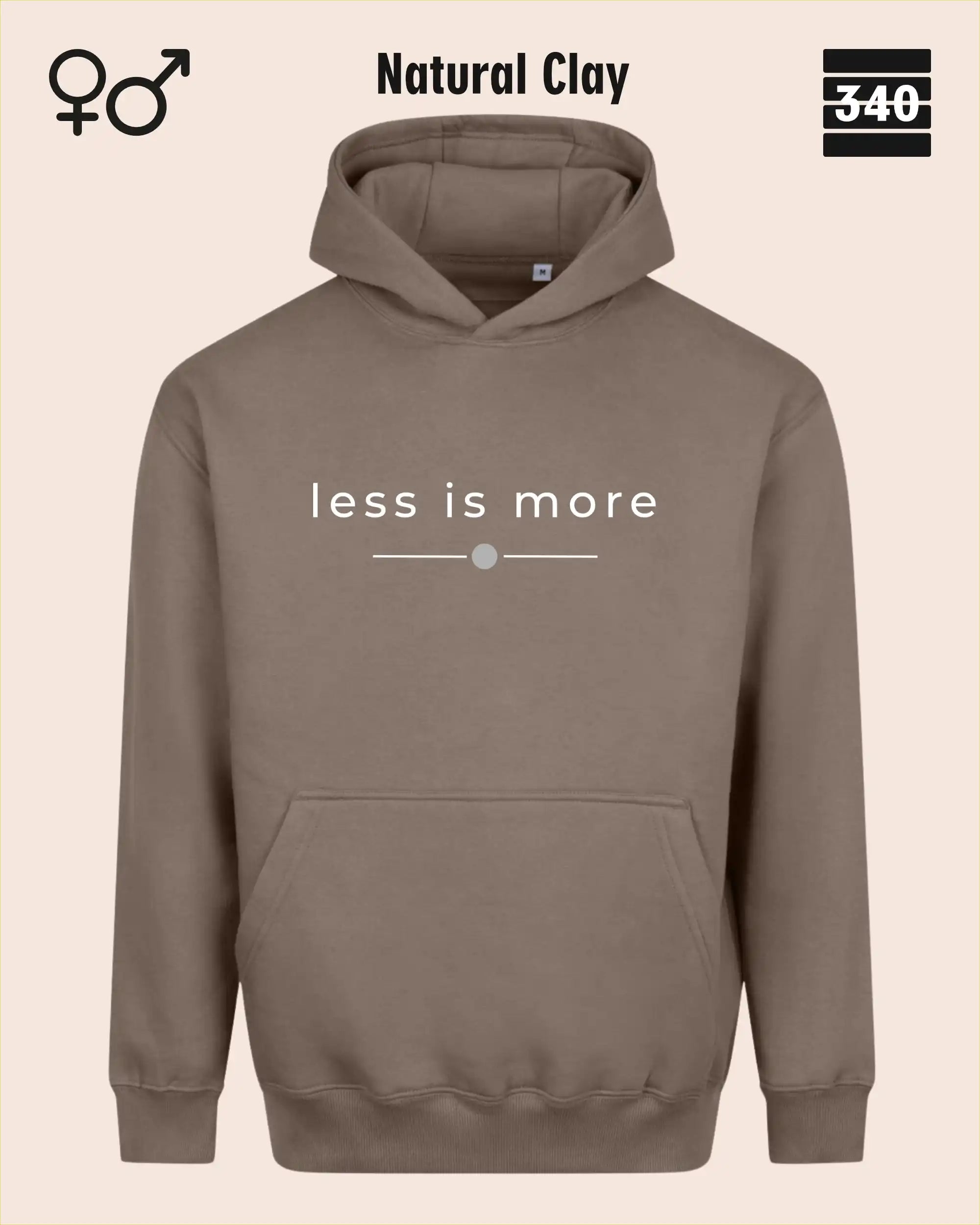 das bild zeigt den Oversized Design-Hoodie JH111 unisex in der farbe natural clay  mit dem zeitlosen motiv "less is more".