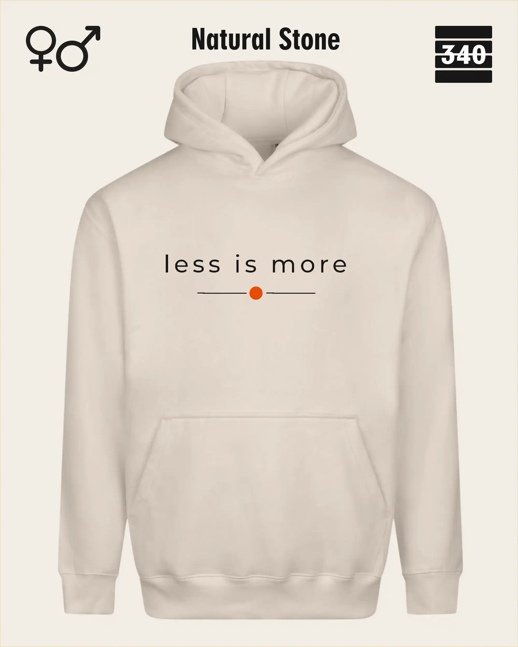 das bild zeigt den Oversized Design-Hoodie JH111 unisex in der farbe natural stone  mit dem zeitlosen motiv "less is more".