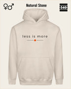 das bild zeigt den Oversized Design-Hoodie JH111 unisex in der farbe natural stone  mit dem zeitlosen motiv "less is more".