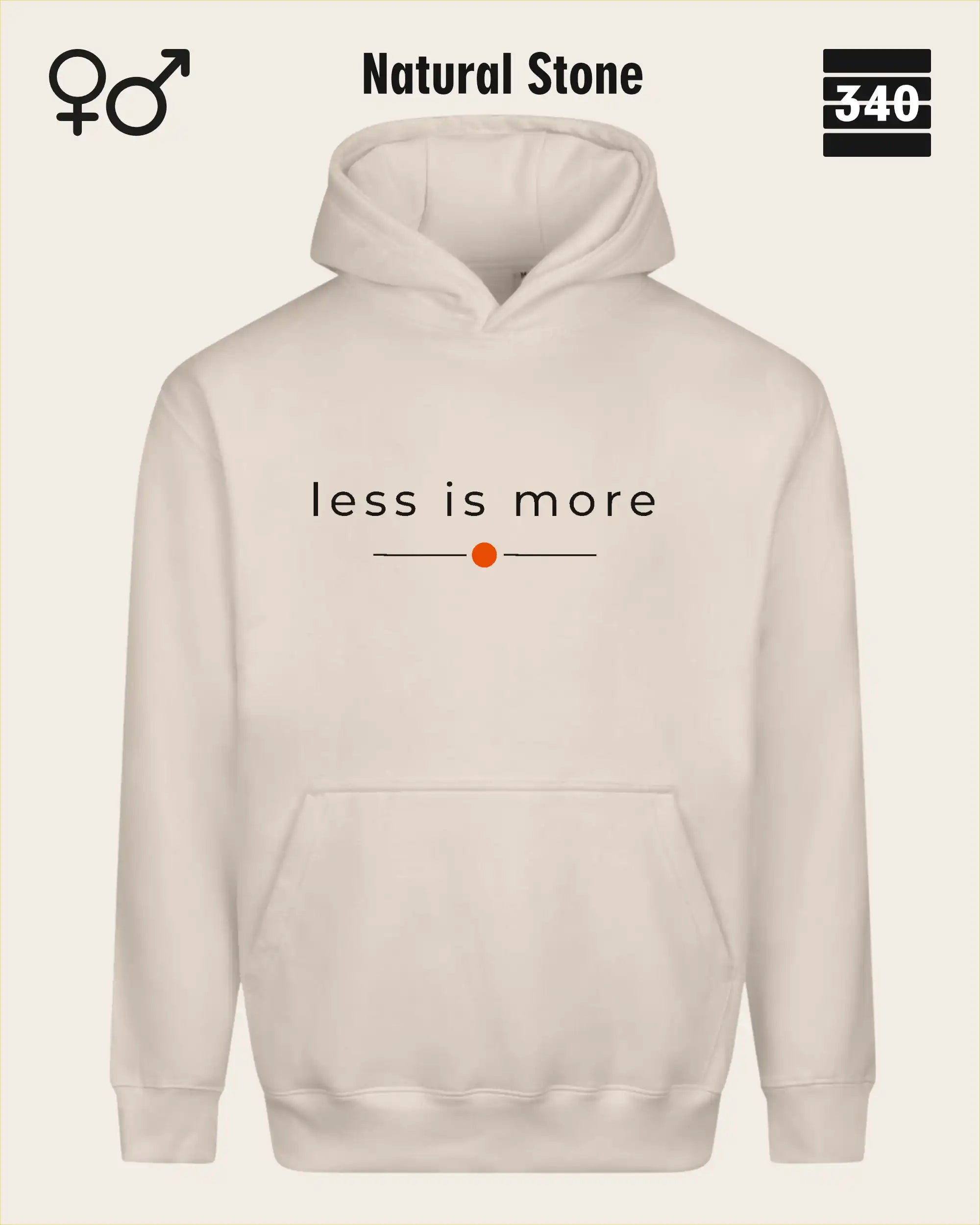 das bild zeigt den Oversized Design-Hoodie JH111 unisex in der farbe natural stone  mit dem zeitlosen motiv "less is more".