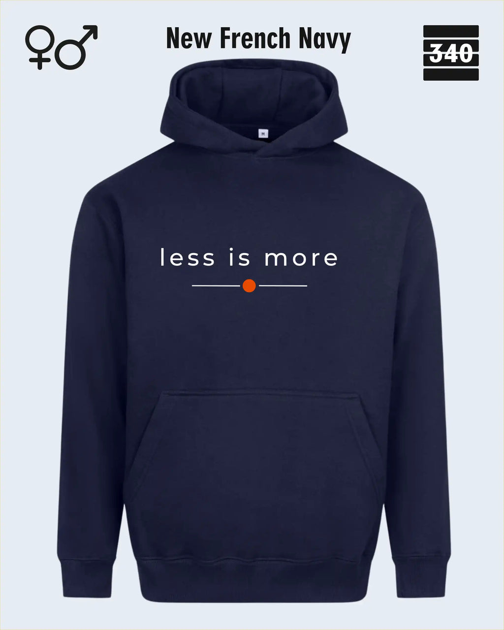 das bild zeigt den Oversized Design-Hoodie JH111 unisex in der farbe new french navy  mit dem zeitlosen motiv "less is more".