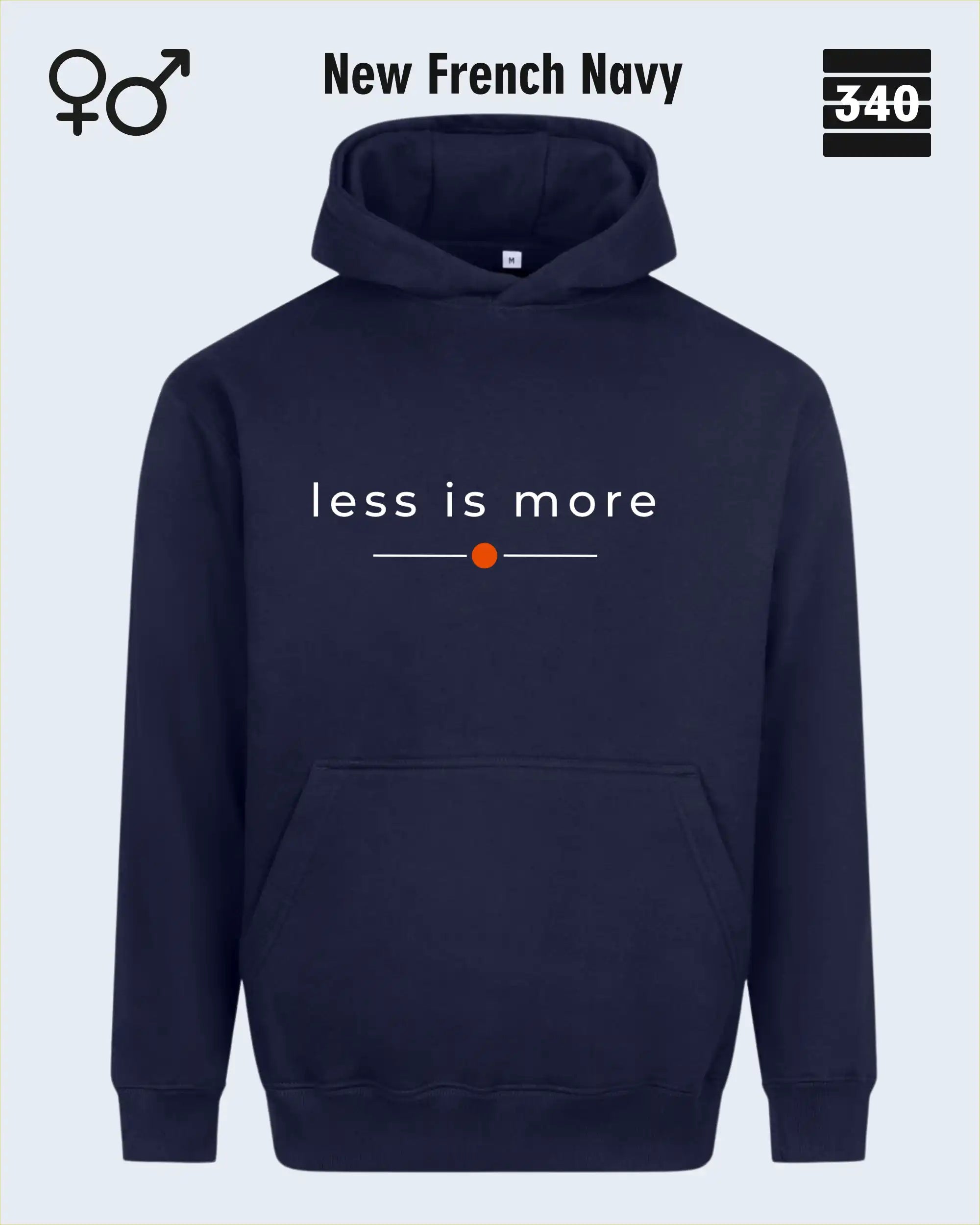 das bild zeigt den Oversized Design-Hoodie JH111 unisex in der farbe new french navy  mit dem zeitlosen motiv "less is more".