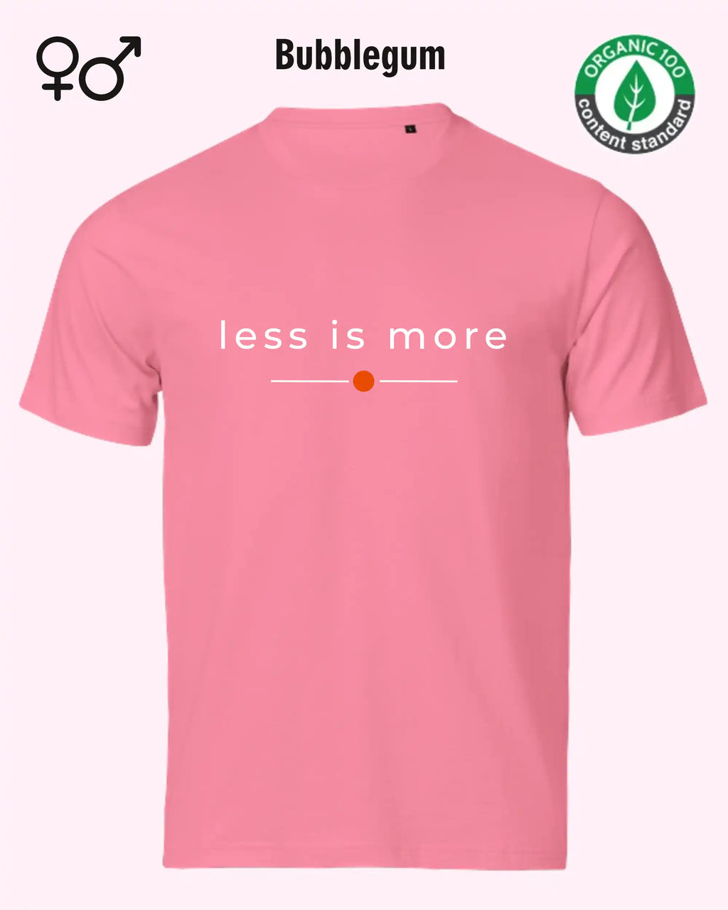 das bild zeigt das nachhaltige Design-T-Shirt Tee Jays Urban Luxury Tee 1150 in der farbe bubblegum mit dem eleganten Schriftzug „less is more“