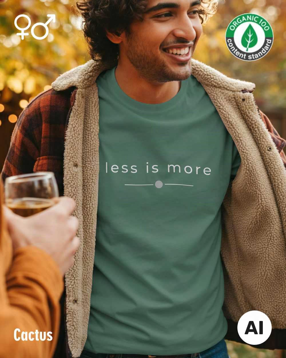 das bild zeigt einen mann, der ein nachhaltiges Design-T-Shirt T in der farbe cactus mit dem eleganten Schriftzug „less is more“ trägt.