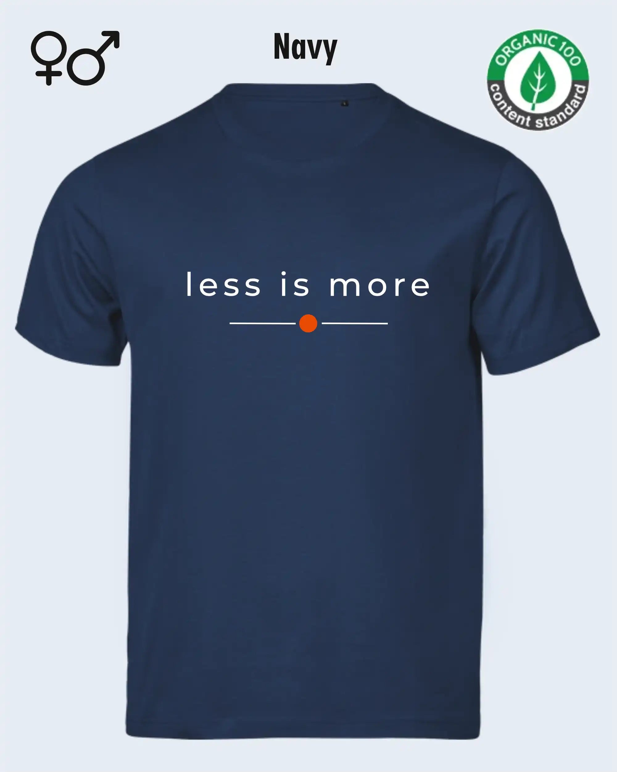 das bild zeigt das nachhaltige Design-T-Shirt Tee Jays Urban Luxury Tee 1150 in der farbe navy mit dem eleganten Schriftzug „less is more“