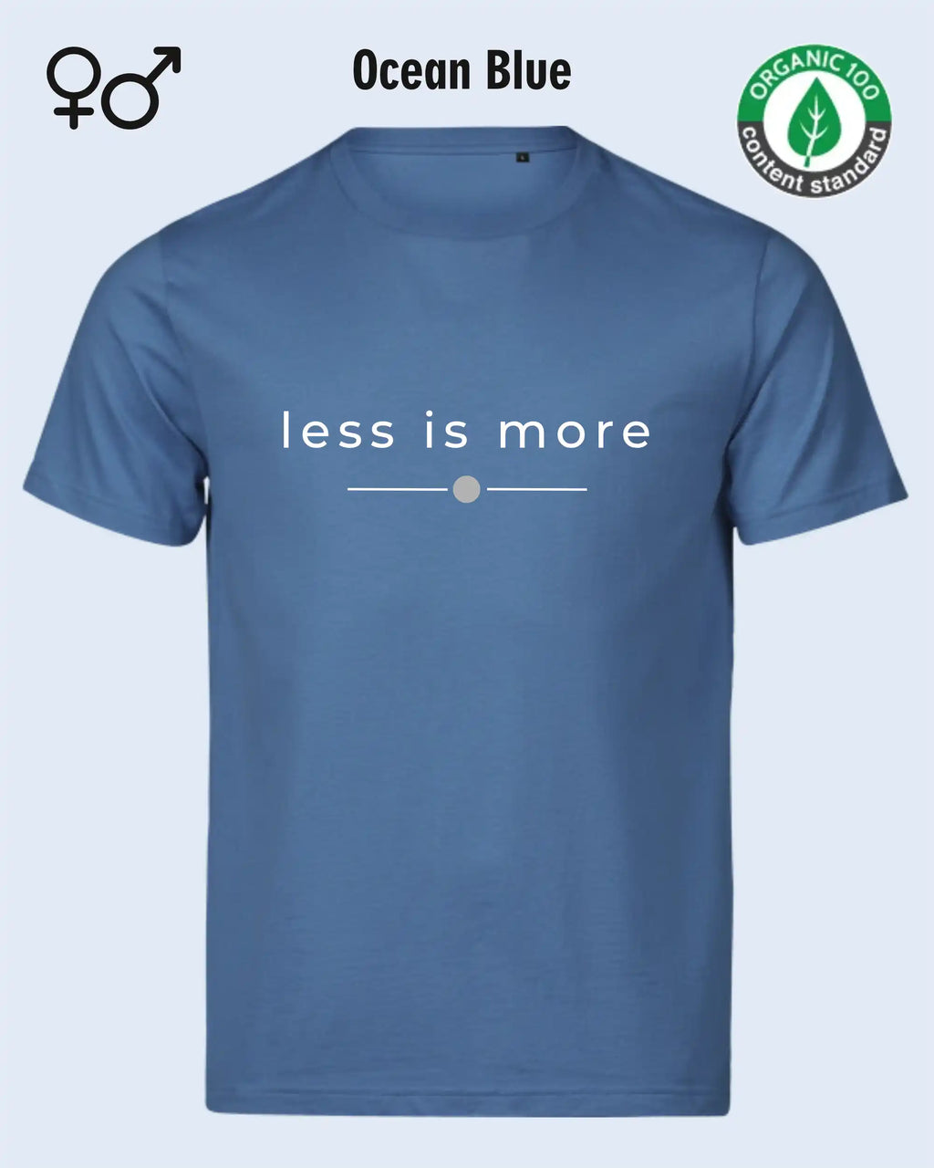 das bild zeigt das nachhaltige Design-T-Shirt Tee Jays Urban Luxury Tee 1150 in der farbe ocean blue mit dem eleganten Schriftzug „less is more“