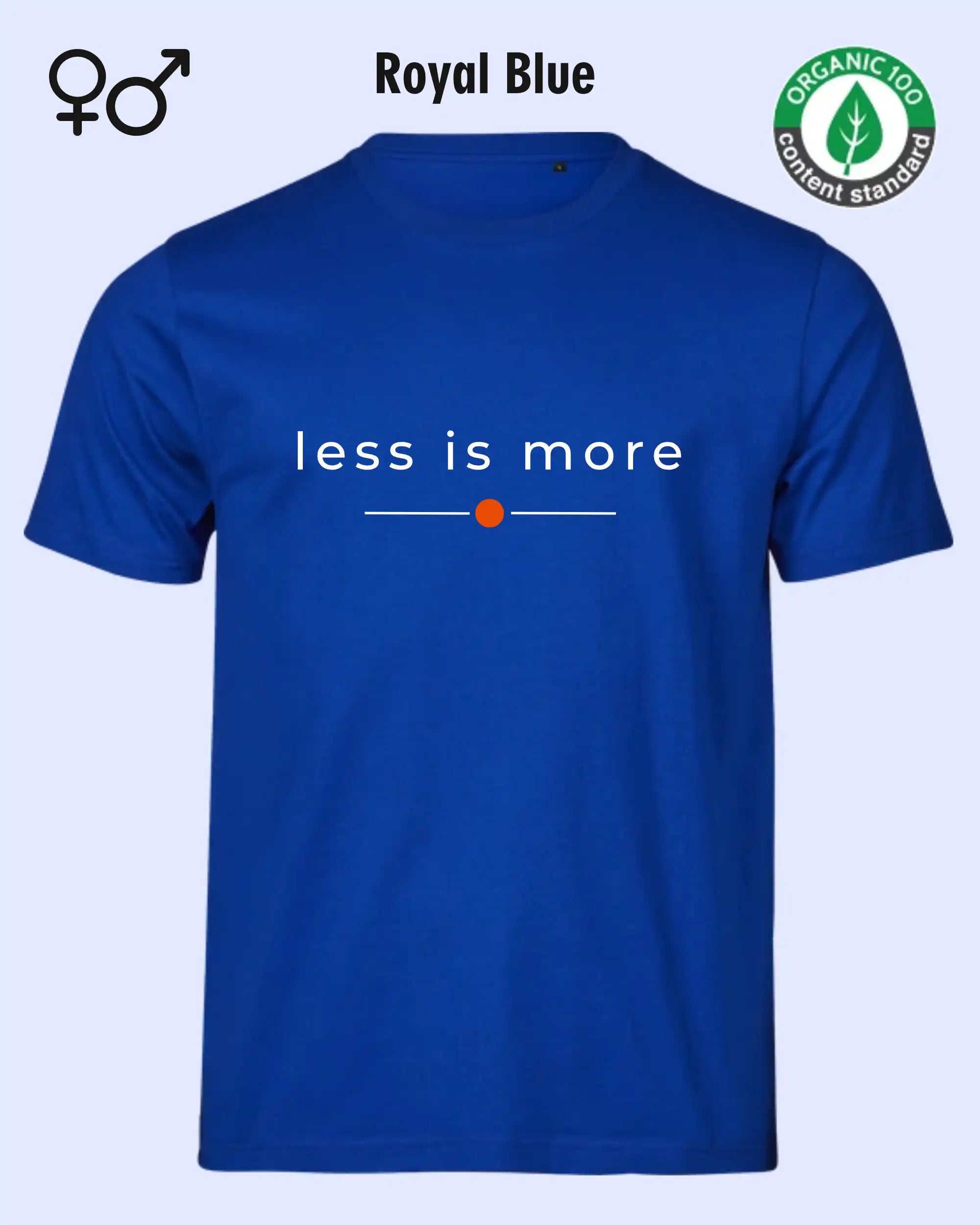 das bild zeigt das nachhaltige Design-T-Shirt Tee Jays Urban Luxury Tee 1150 in der farbe royal blue mit dem eleganten Schriftzug „less is more“