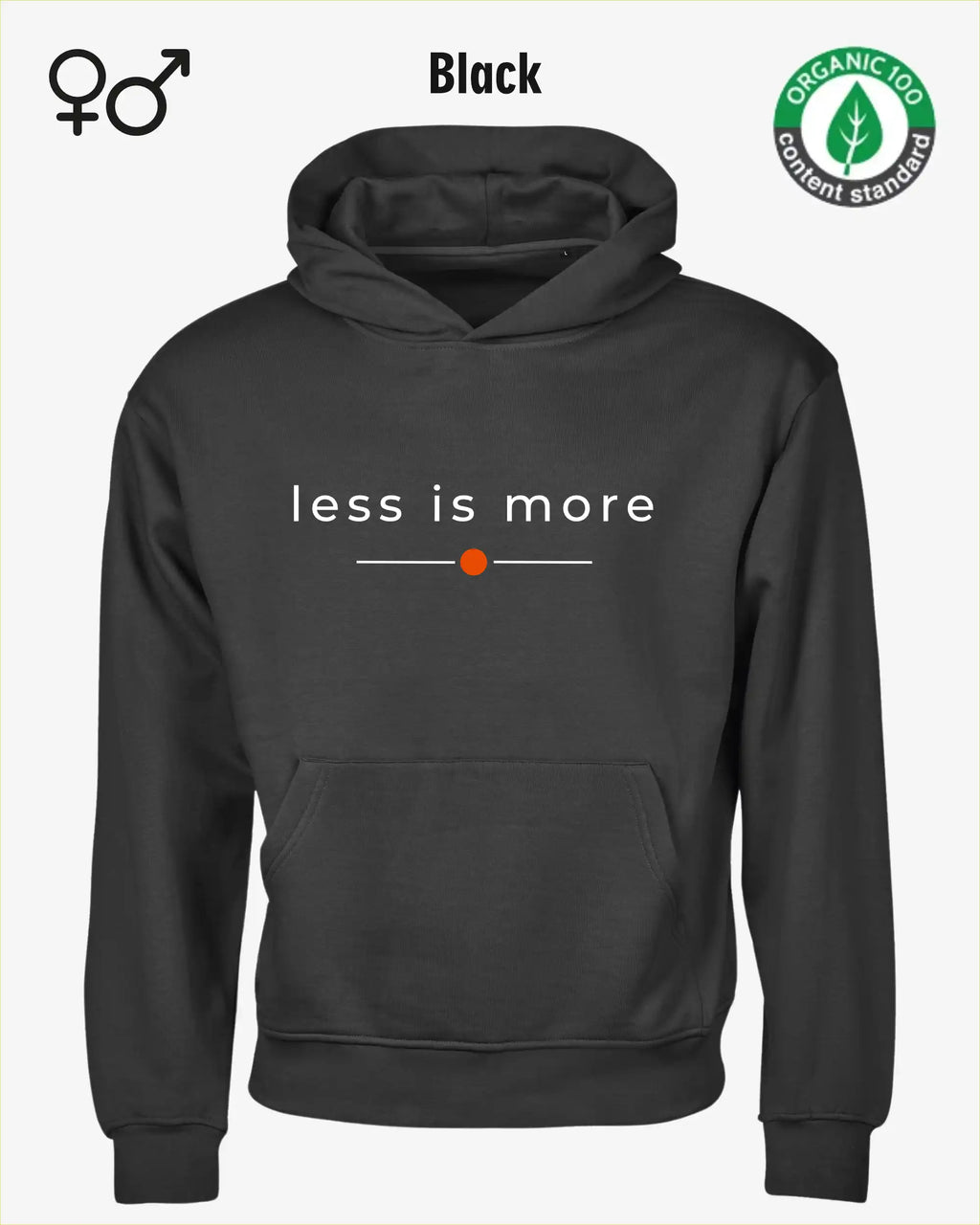 das bild zeigt den nachhaltigen Premium Hoodie von Tee Jays aus 100% Bio-Baumwolle in der farbe black mit dem zeitlosen design "less is more".