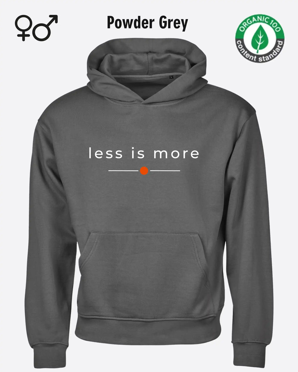 das bild zeigt den nachhaltigen Premium Hoodie von Tee Jays aus 100% Bio-Baumwolle in der farbe powder grey mit dem zeitlosen design "less is more".