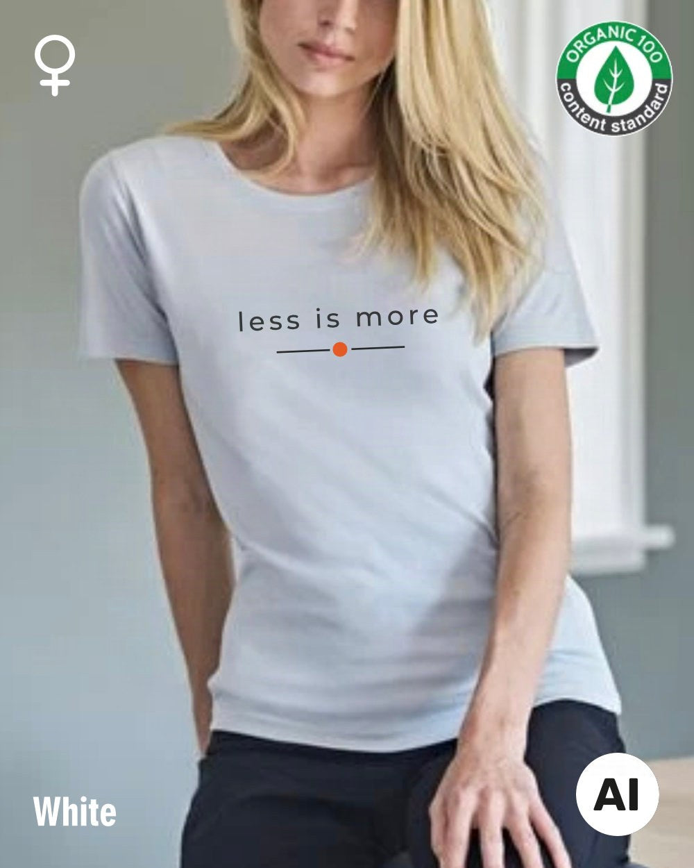 Hier sieht man eine Frau, die das T-Shirt Tee Jays Women's Interlock Tee STYLE 580 in der Farbe white mit dem zeitlosen Design "less is more" trägt.