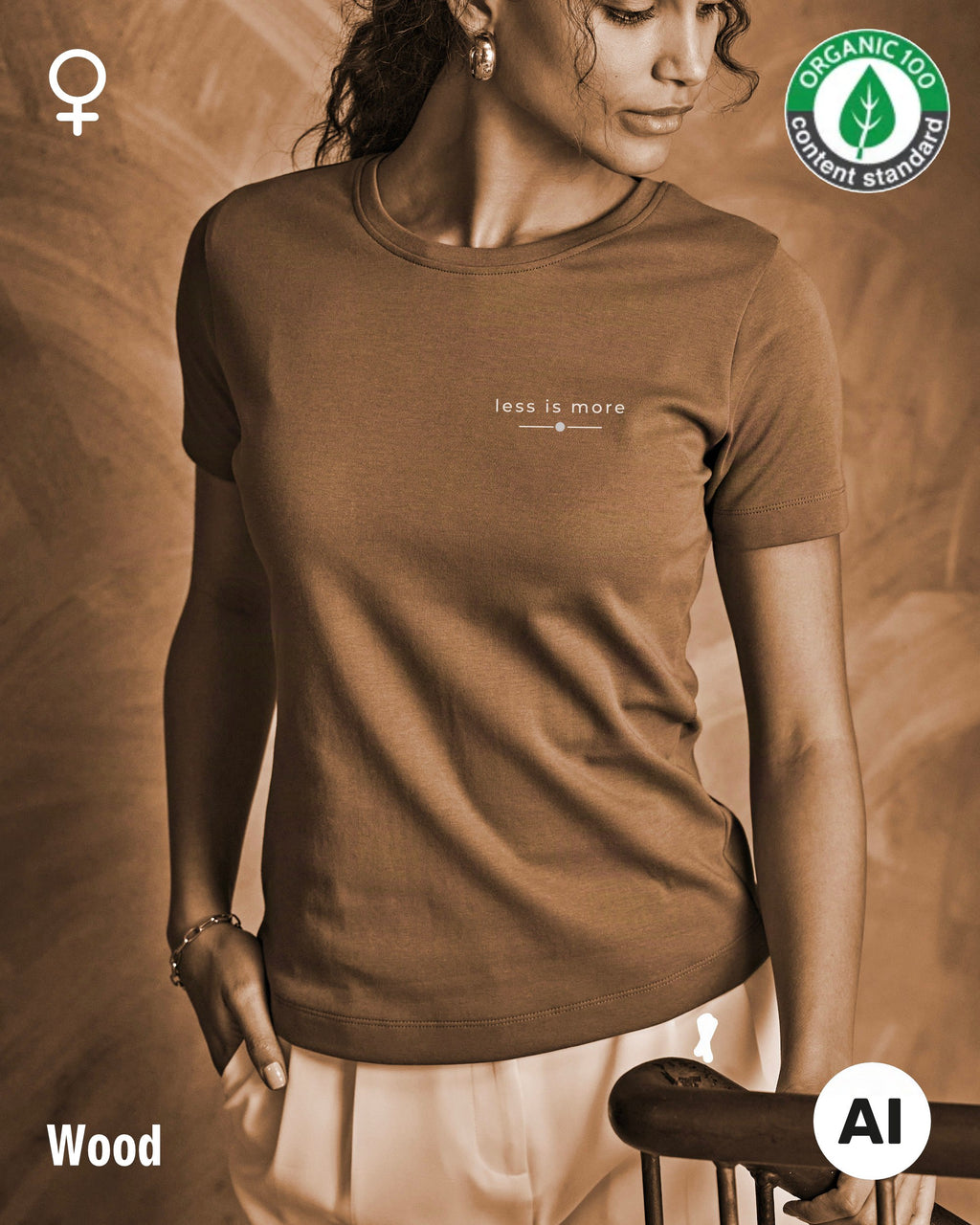 Hier sieht man eine Frau, die das T-Shirt Tee Jays Women's Interlock Tee STYLE 580 in der Farbe wood mit dem zeitlosen Design "less is more" trägt.