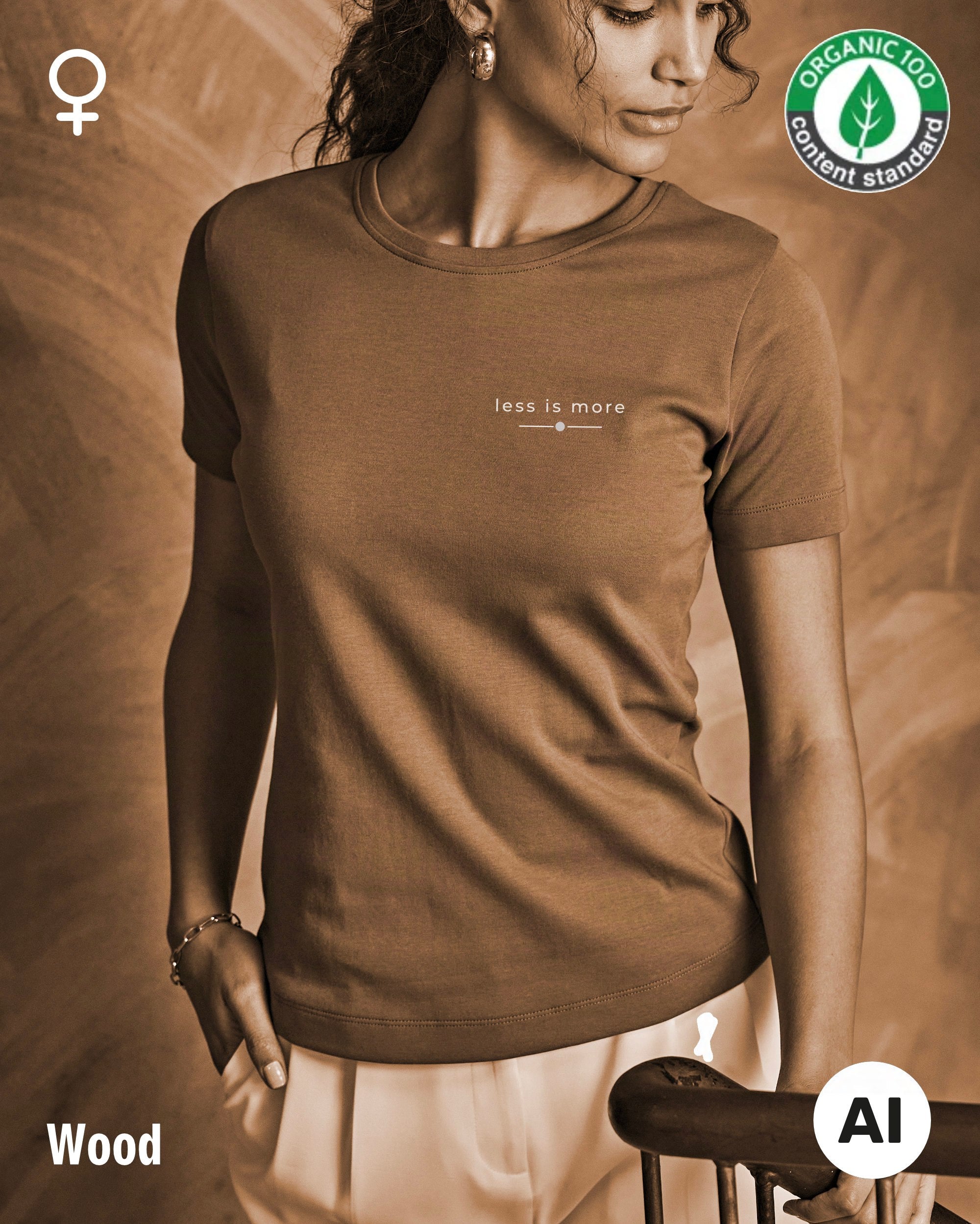 Hier sieht man eine Frau, die das T-Shirt Tee Jays Women's Interlock Tee STYLE 580 in der Farbe wood mit dem zeitlosen Design "less is more" trägt.