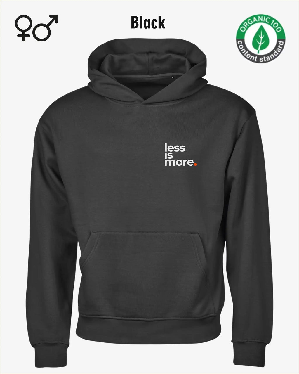 das bild zeigt den nachhaltigen Premium Design-Hoodie von Tee Jays aus 100% Bio-Baumwolle in der farbe black mit dem minimalistischen motiv "less is more".