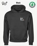 das bild zeigt den nachhaltigen Premium Design-Hoodie von Tee Jays aus 100% Bio-Baumwolle in der farbe black mit dem minimalistischen motiv "less is more".
