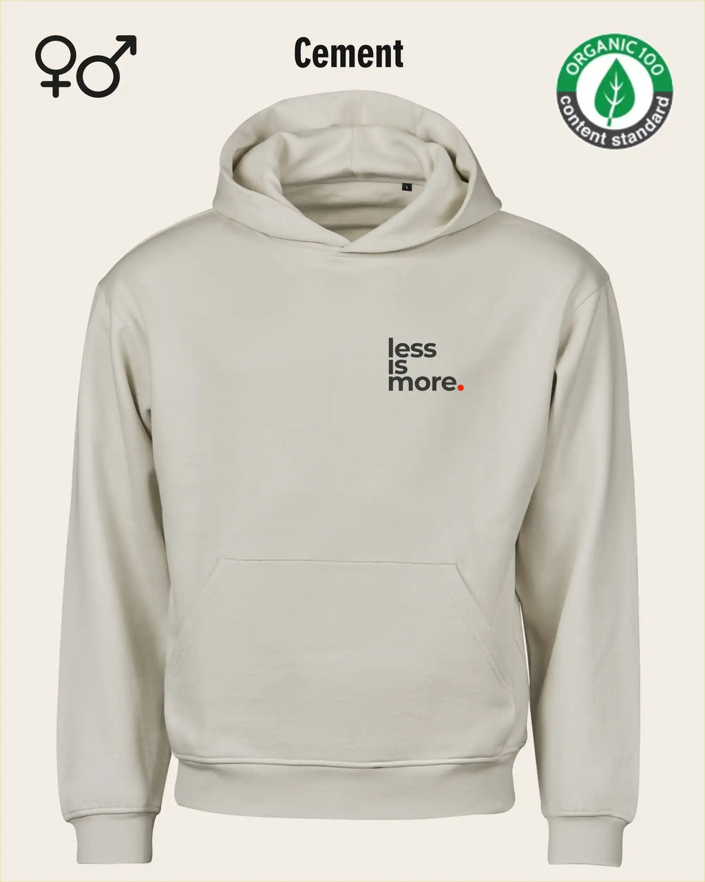 das bild zeigt den nachhaltigen Premium Design-Hoodie von Tee Jays aus 100% Bio-Baumwolle in der farbe cement mit dem minimalistischen motiv "less is more".