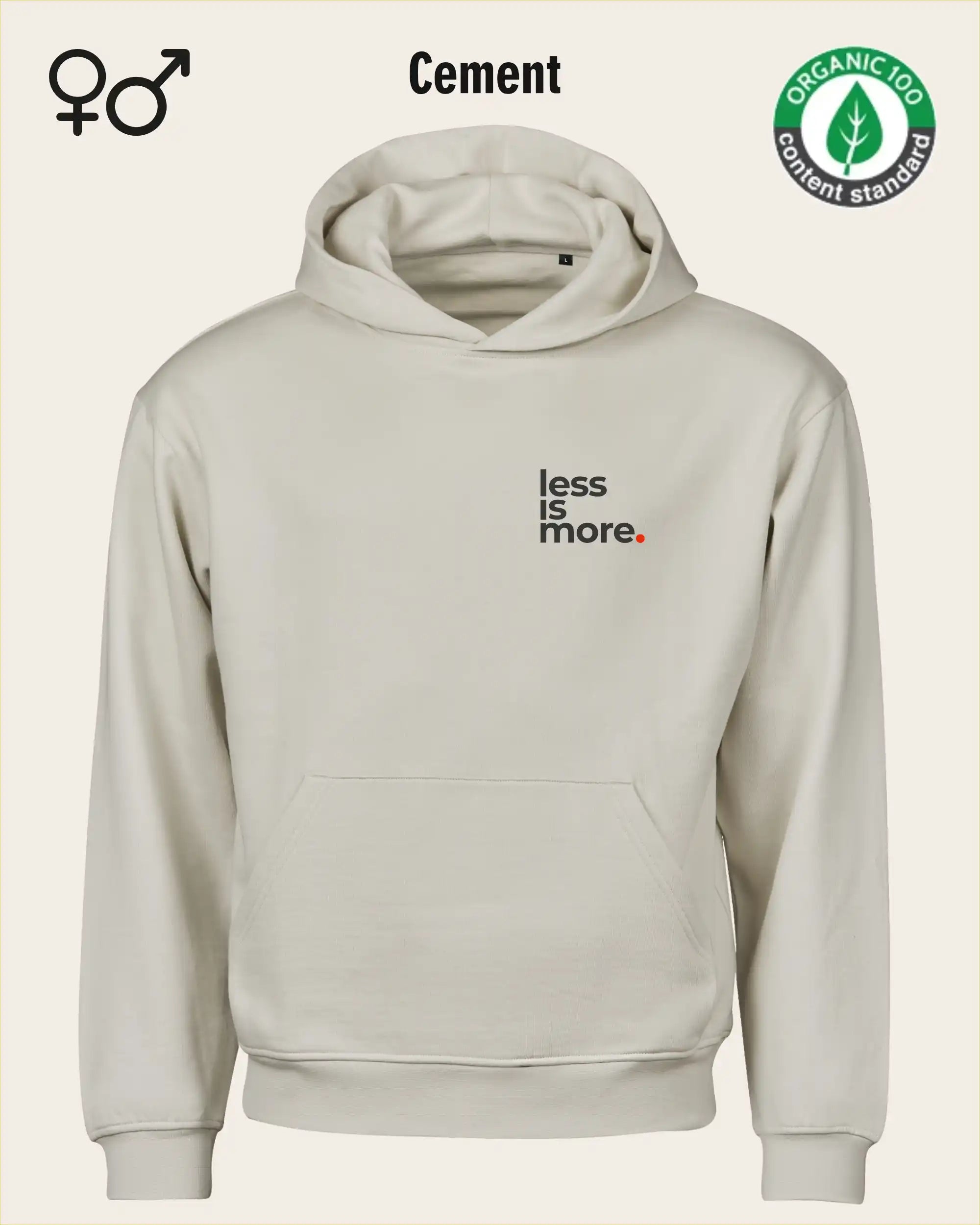das bild zeigt den nachhaltigen Premium Design-Hoodie von Tee Jays aus 100% Bio-Baumwolle in der farbe cement mit dem minimalistischen motiv "less is more".