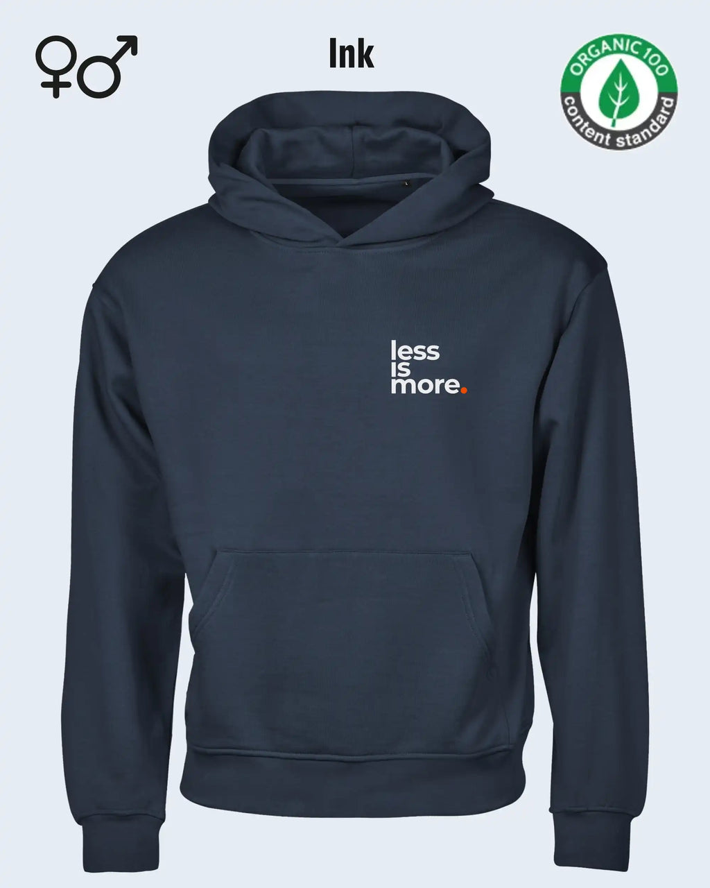 das bild zeigt den nachhaltigen Premium Design-Hoodie von Tee Jays aus 100% Bio-Baumwolle in der farbe ink mit dem minimalistischen motiv "less is more".