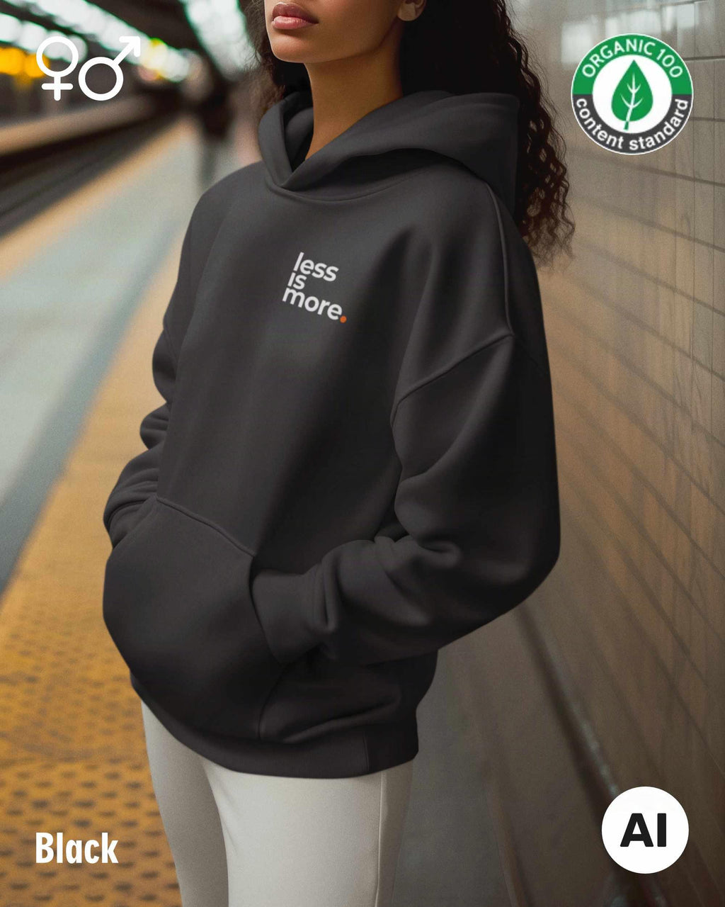 die ki-generierte Abbildung zeigt eine junge frau, die einen oversized Premium Design-Hoodie in der farbe black mit dem minimalistischen motiv "less is more" trägt.