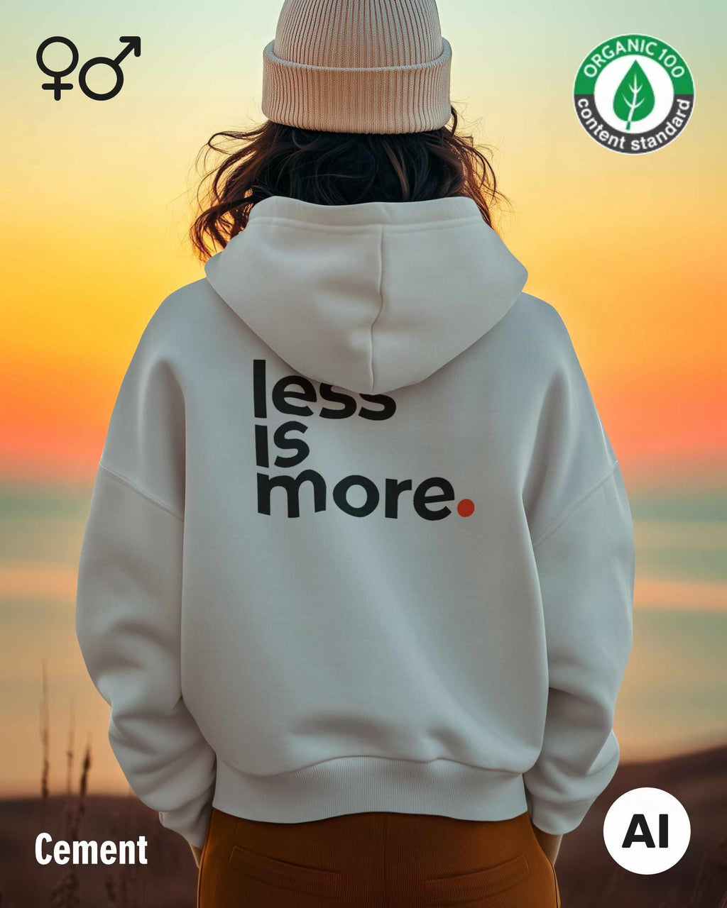 die ki-generierte Abbildung zeigt eine person, die einen oversized Premium Design-Hoodie in der farbe cement mit dem minimalistischen backprint "less is more" trägt.