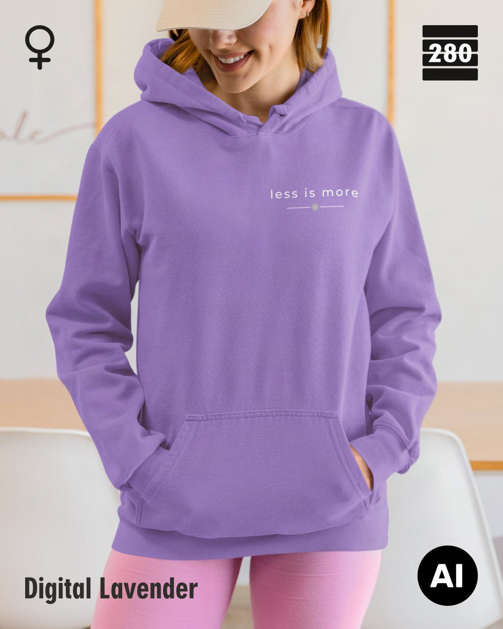 das bild zeigt eine frau, die einen leicht taillierten damen hoodie in der farbe digital lavender und mit dem zeitlosen design "less is more" oben links trägt.