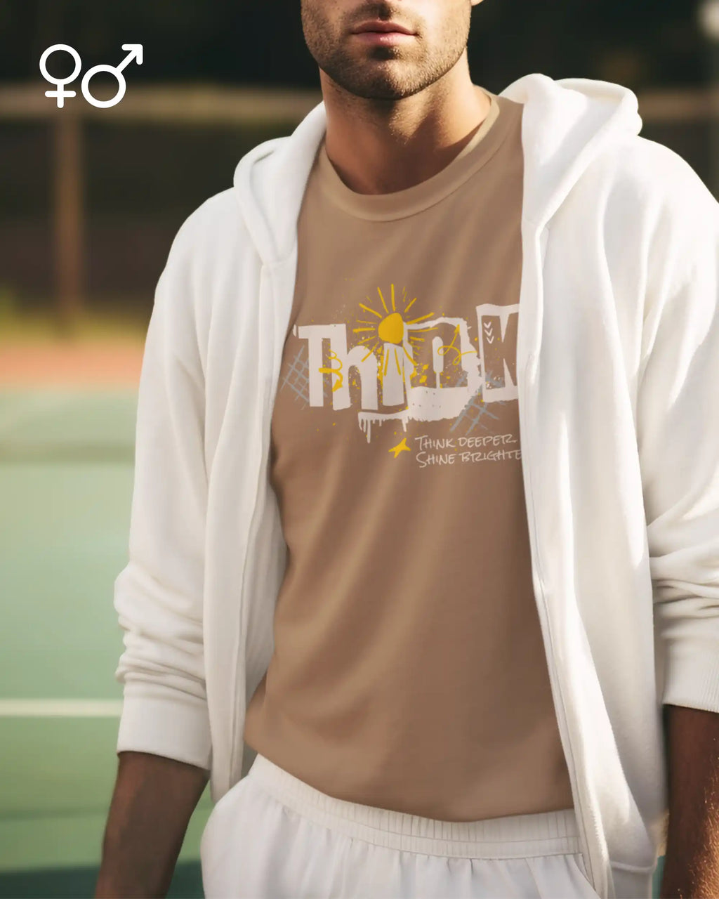 Ein mann trägt ein design-t-shirt aus baumwolle mit der Grafik think deeper - shine brighter unter einem hoodie.