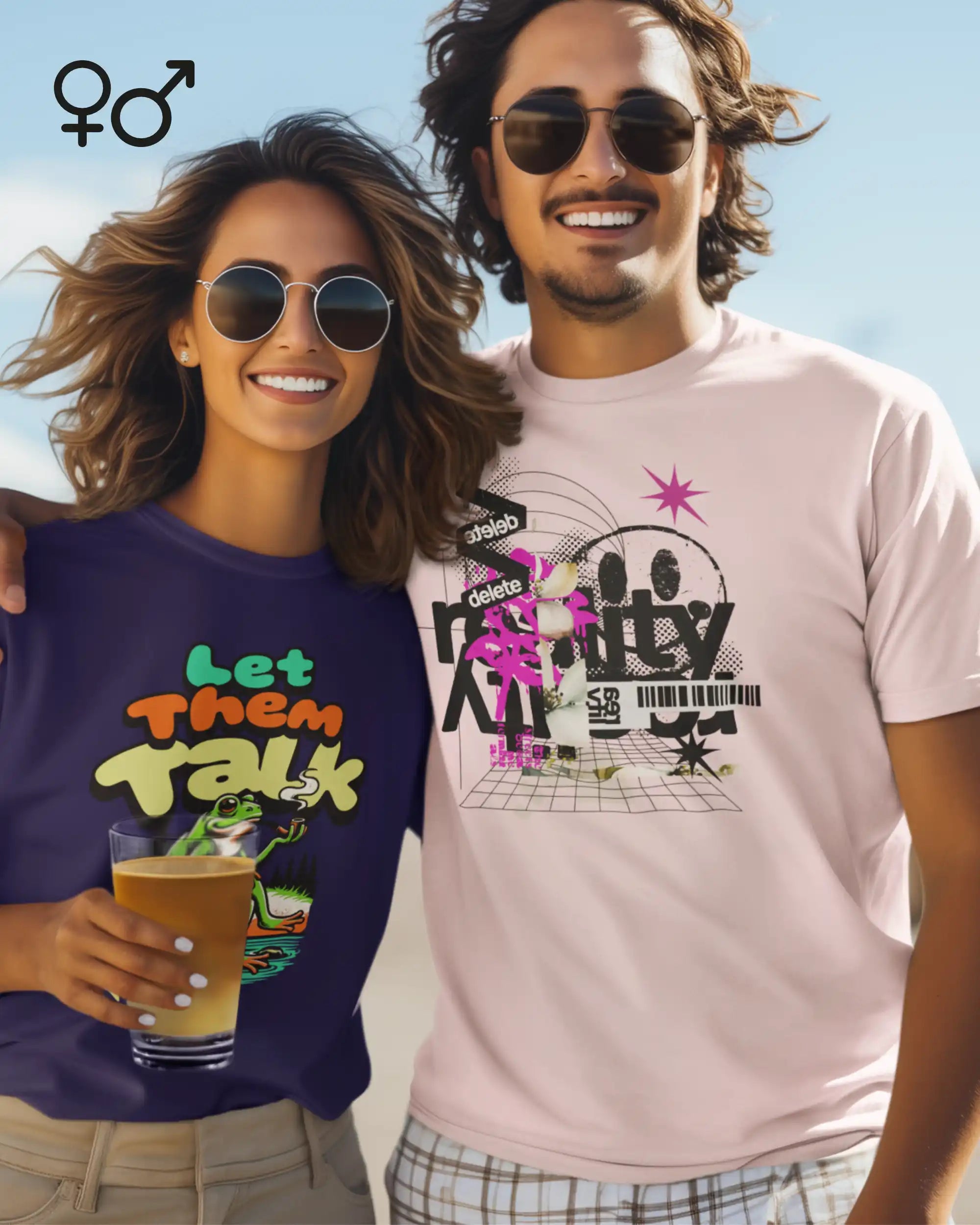 Das Bild zeigt  einen mann, der  ein  unisex  design-t-shirt mit der Grafik delete reality trägt.