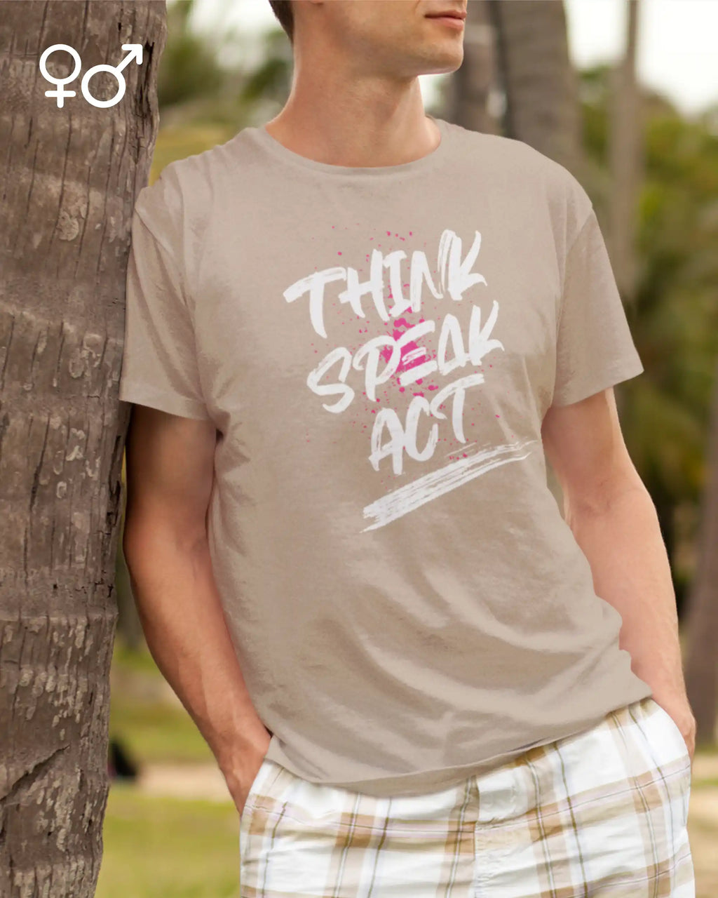 Ein mann trägt ein unisex design-t-shirt mit der Grafik think speak act.