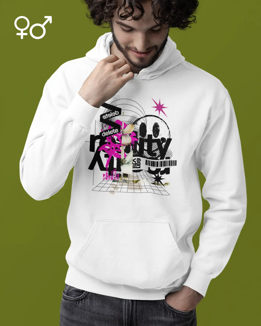 Das Bild zeigt  einen mann, der  einen  unisex  design-hoodie mit der Grafik delete reality trägt.